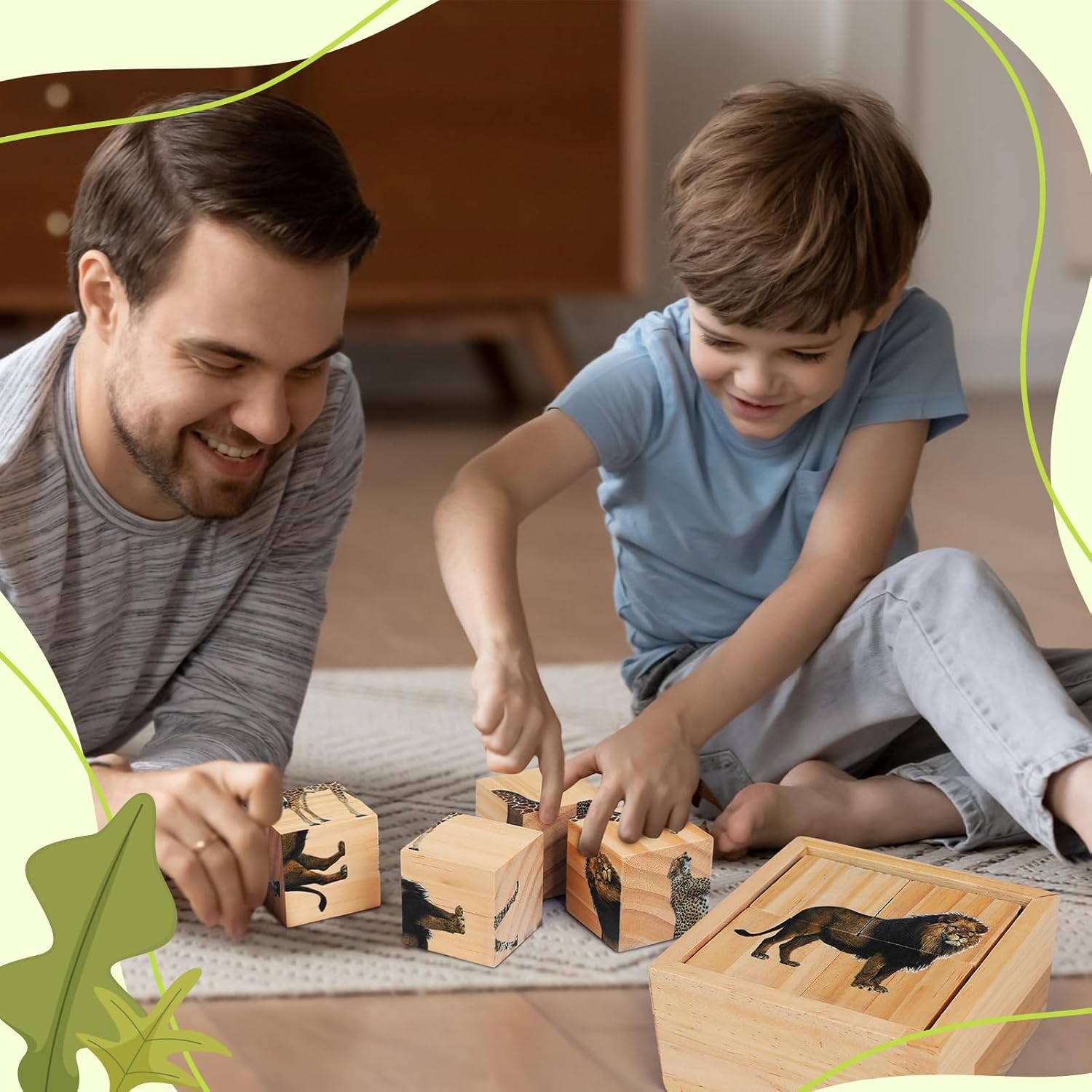 Soulchen 5 Pcs Wooden Animal Chunky Cube Puzzles Set for Toddlers 4 Montessori 6 Puzzles in 1 Safari Animal Chunky Block with Storage Box Learning Educational Toys for Kids Baby Boys Girls Gifts