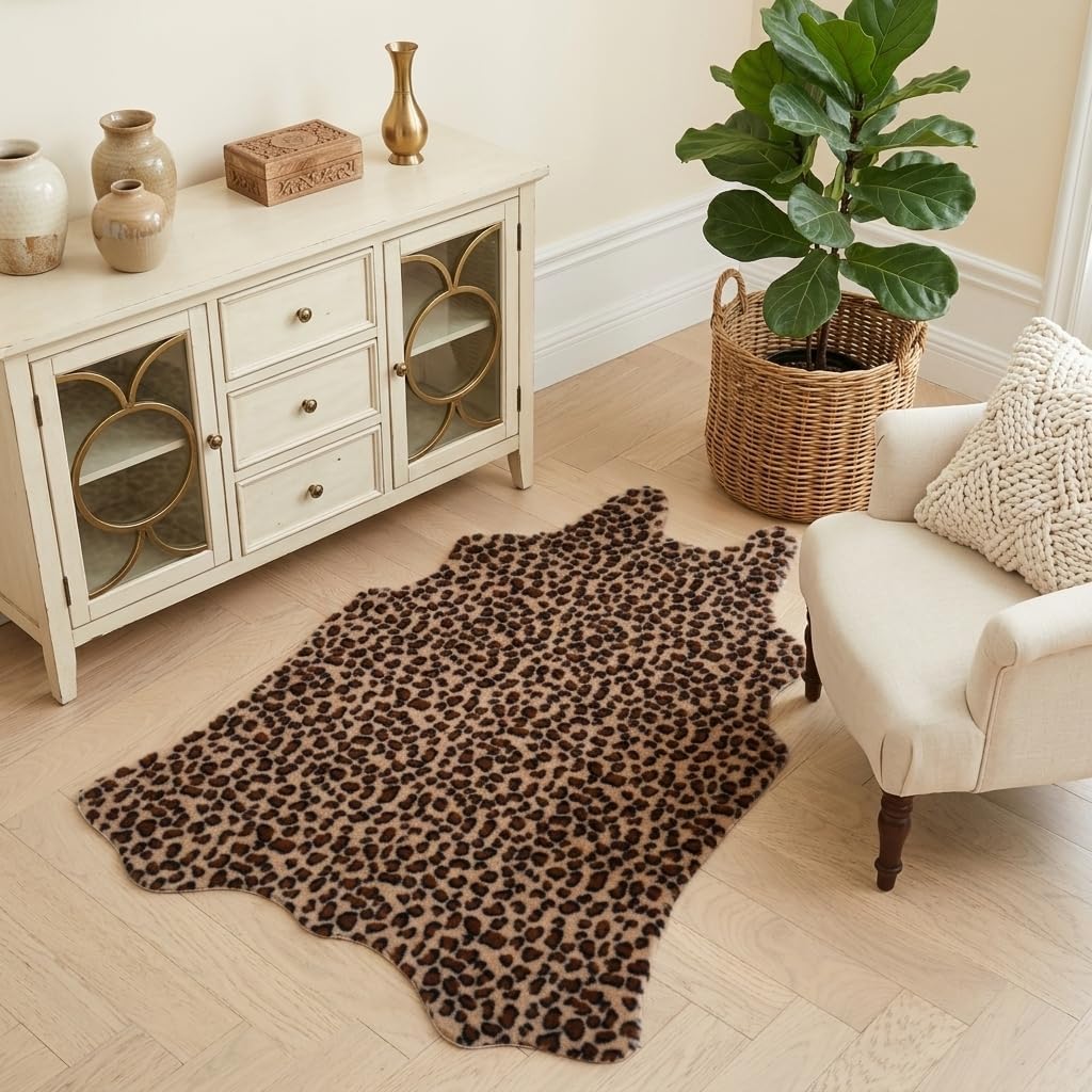 Leopard Print Area Rug Small, Classic Brown Faux Fur Rug Plush Soft, Neutral Animal Print Accent Rug for Living Room Bedroom Nursery, Non-Slip Cozy Bohemian Decor (2'7" x 3'11")