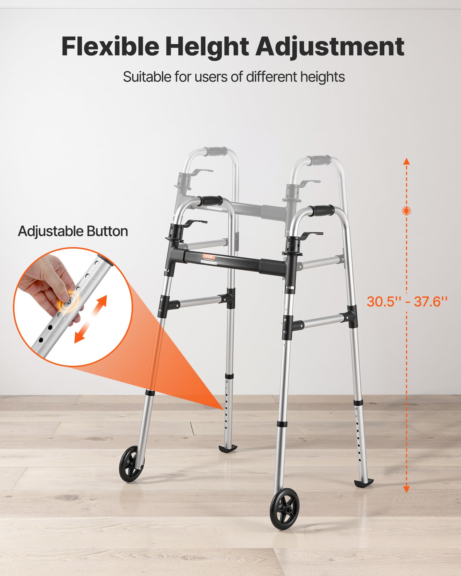 VEVOR Deambulatore Pieghevole per Anziani a 2 Pulsanti con Ruote da 127 mm e Altezza Regolabile su 8 Livelli, Ausilio per la Deambulazione in Alluminio Leggero con Portata di 158 kg, per Adulto