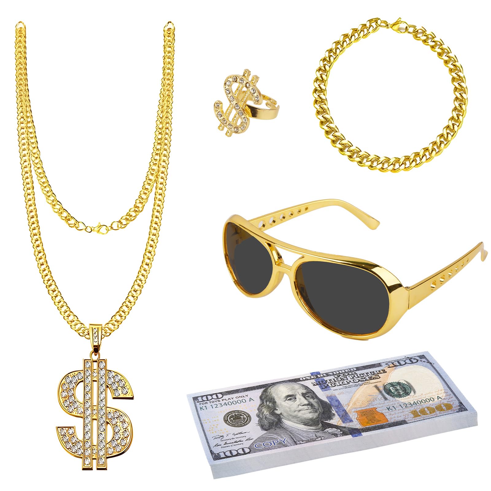 5Pcs Hip Hop Costume Set, 80s/90s Hip Hop Fancy Dress Accessories with Fake Dollar Sign Necklace, Hip Hop Ring, Hippie Glasses, Fake Gold Chain and Fake Money Notes, for Hippie Rapper Disco Outfit