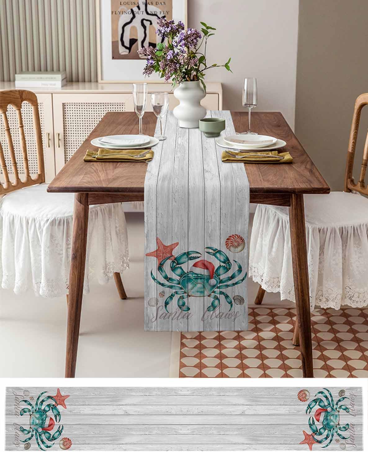 Christmas Crab Table Runner - 120 Inch Long Xmas Snata Claus Coastal Starfish Wood Cotton and Linen Blended Dress Scarves Farmhouse Table Runner for Kitchen Dining, Coffee Table, 13" x 120"