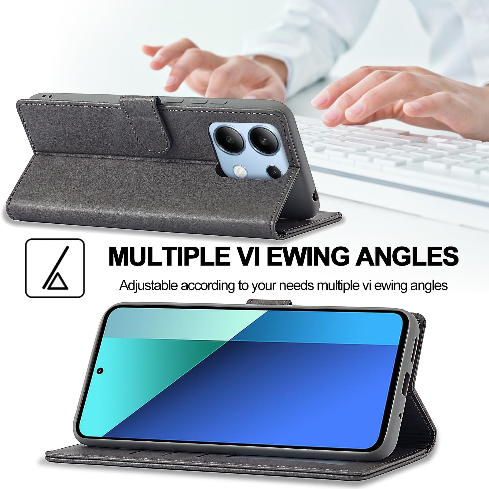 WAURZ Cover per Xiaomi Redmi Note 13 5G, Custodia Cover Pelle Libro Portafoglio con Porta Carte Magnetica Supporto Protezione Antiurto Cuoio Flip Case Custodia Cover per Redmi Note 13 5G,Grigio