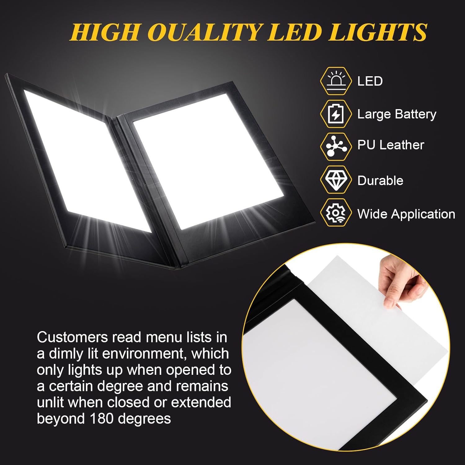 LED Menu Covers 8" x 10.5" LED Backlit Light Double Panel Menu Holder PU Leather Folder Fits Paper for Restaurant Hotel Club Bar Wine