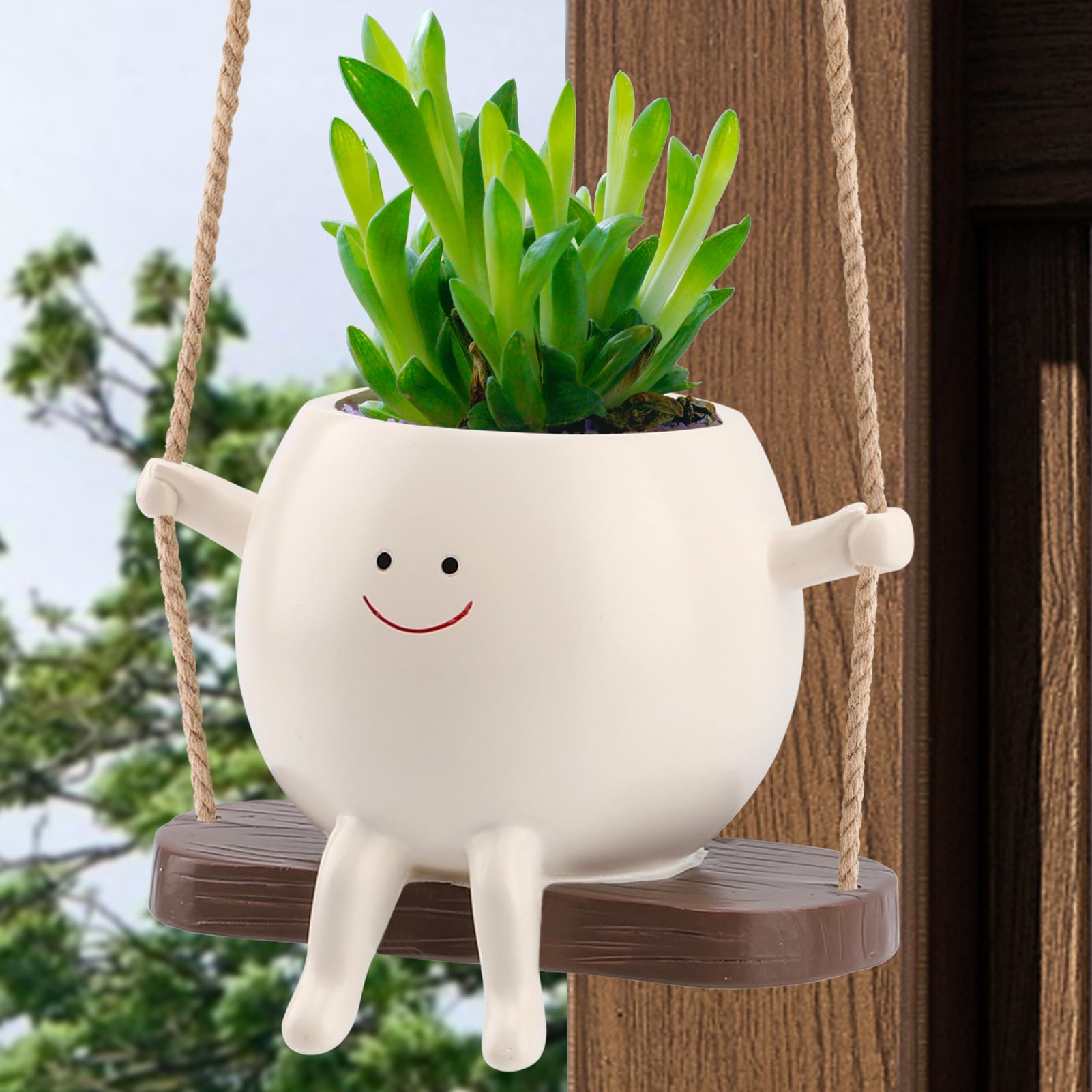 KIUGCO Smiley Hanging Planter for Indoor Outdoor Plants, Glossy Swing Smiley Face Planter Pot Head, Cute Hanging Flower Pot for String of Pearls Plant Live, Unique Happy Succulent Pot