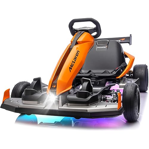 FORESEE 48V Licensed McLaren Electric Go Kart with Adjustable Seat, 15 MPH Drifting Car Battery Powered Ride On Go Kart with Lights, Max Load 150lbs, for Ages 14+, Orange