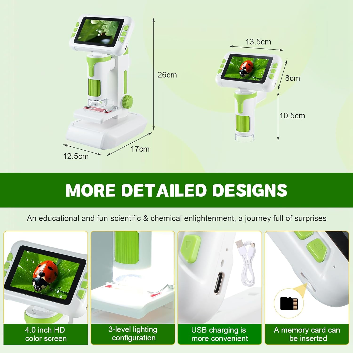 1600X Digital Microscope for Kids, Upgraded Portable Microscope with 4.0 inch HD Screen, 2-in-1 Desktop Handheld Miniscope Rechargeable Student Education Science Microscopes Gift for Kids - Image 4