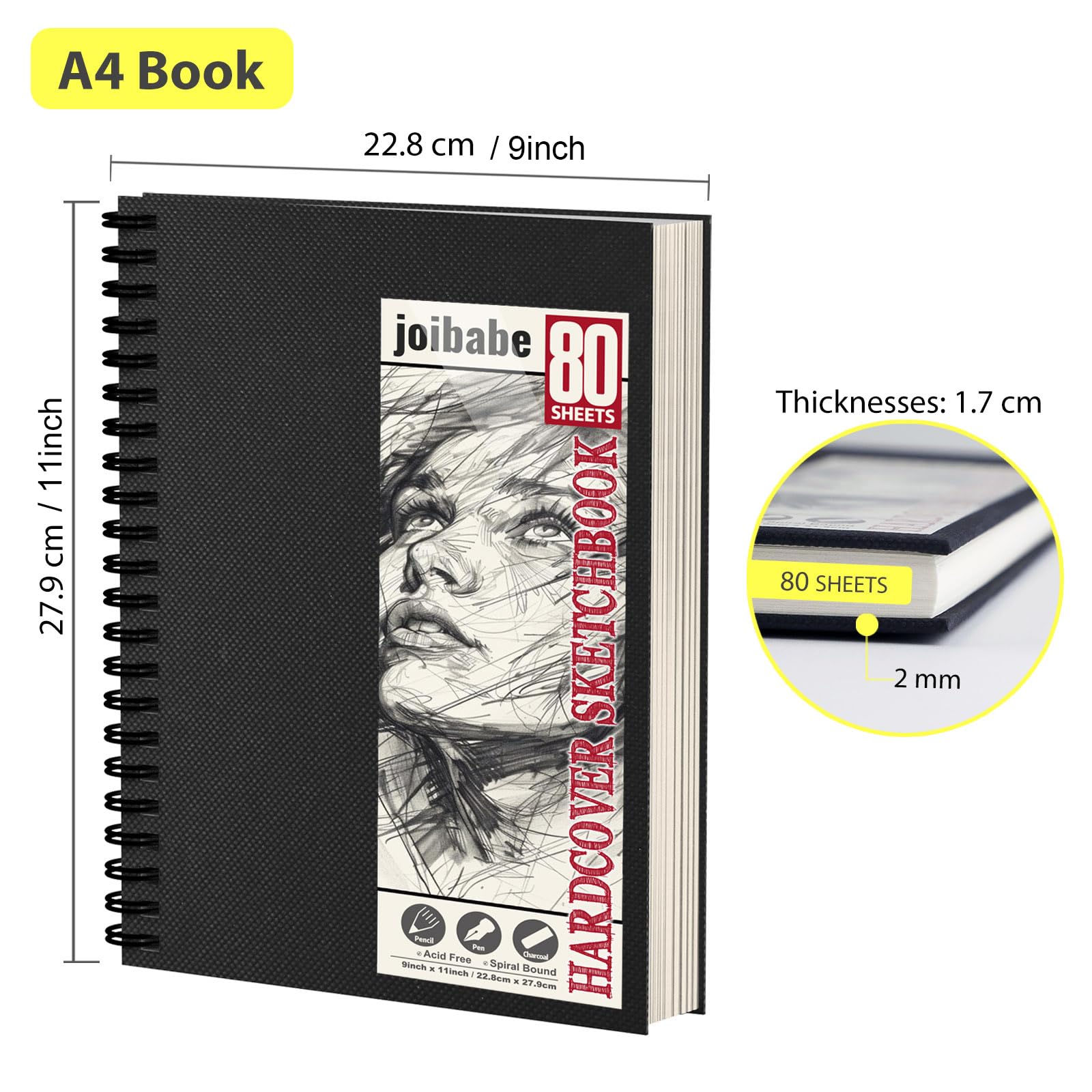 2A4 Sketch Books, Hardcover Spiral Bound 100gsm Drwaing pad,160 Sheets /320 Pages Sketch Pad,Natural White Drawing Paper - Image 2