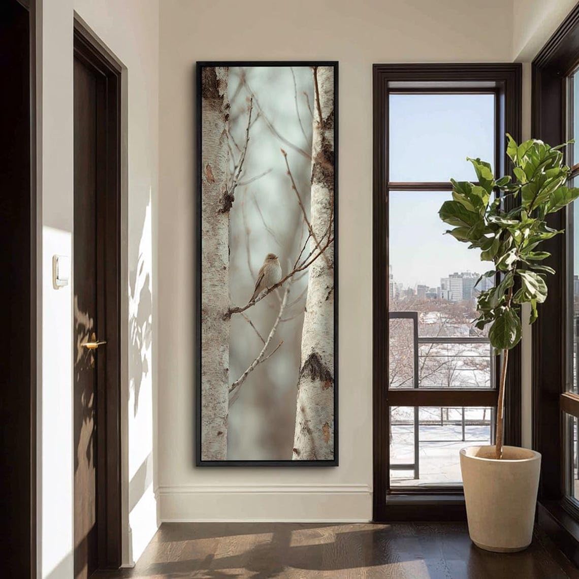 XINBAO Tall Narrow Canvas Wall Bird Art, Narrow Wall Decor, Large Vertical Painting, Bird Artwork, Slender Branch Canvas Print(70x210cm/Inner Frame)