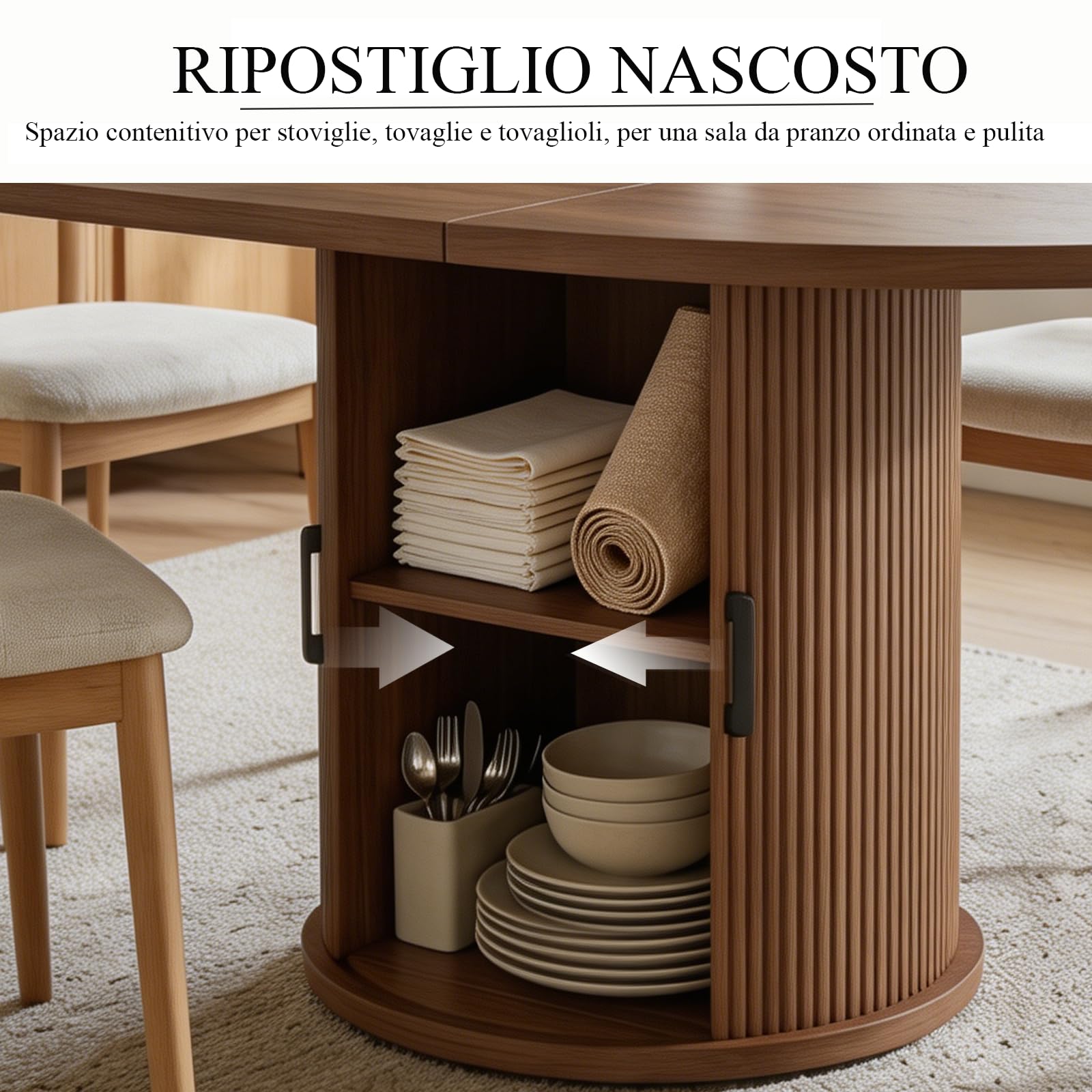 Tavolo da pranzo allungabile, rotondo, con spazio per riporre oggetti | Moderno tavolo da pranzo con base cilindrica, in legno, per 4-6 persone, marrone noce (solo tavolo)