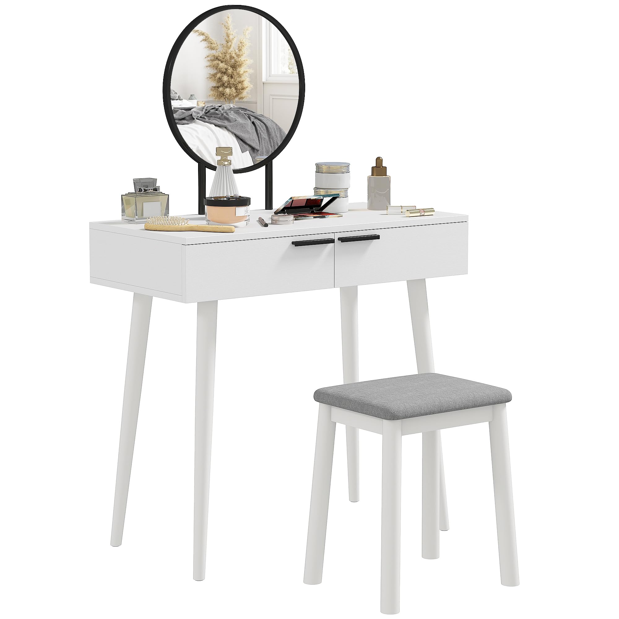 Homcom White Dressing Table Vanity Set Make Up Desk With Round Mirror & Stool