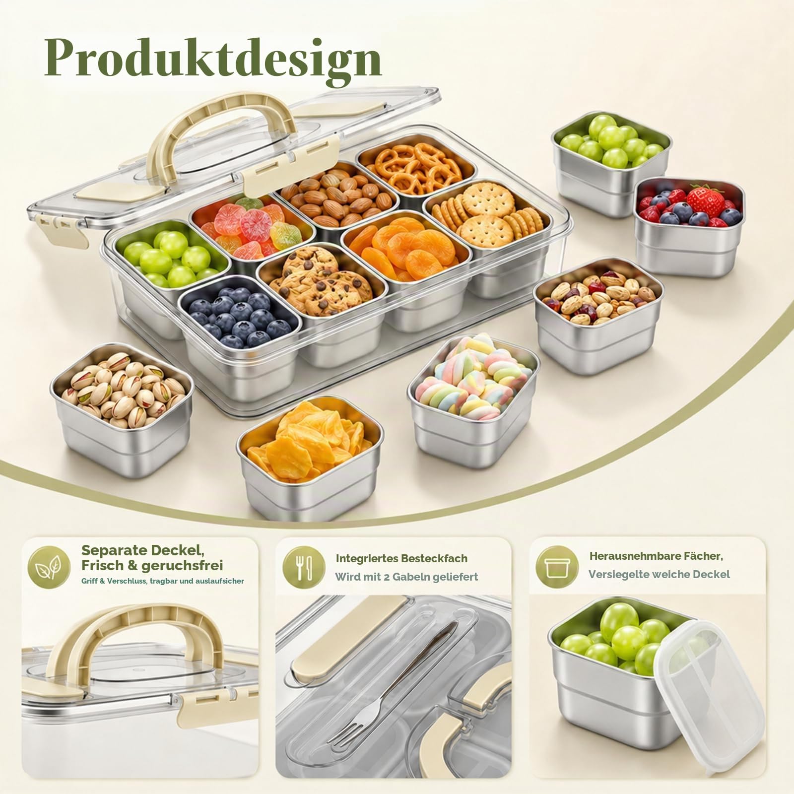 Snackbox mit 8 Edelstahl Fächern, Tragbar snack Aufbewahrungsbox, mit äußerer Deckel Besteckfach und Griff, Der 8 Snackteller hat eigenen Deckel, Auslaufsicherer Snackdose Organizer für Reise und Büro