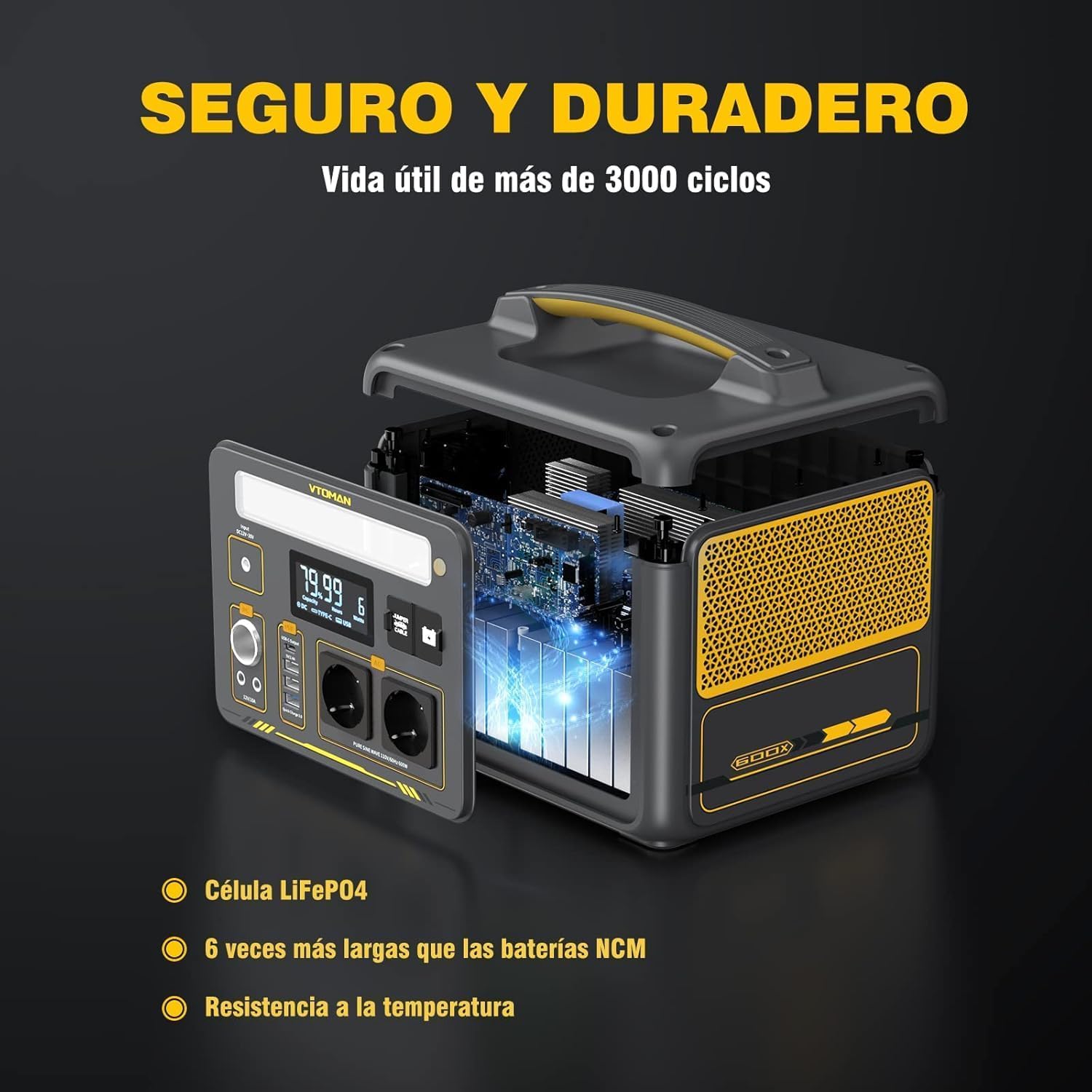 VTOMAN Jump 600X 299Wh Generador Solar, 600W Salida de CA para Apagones | LiFePO4 Batería, Arranque de Coche, Potencia Pico 1200W, LED Linterna, Capacidad Ampliable a 939Wh, Acampadas, Jardín y RV