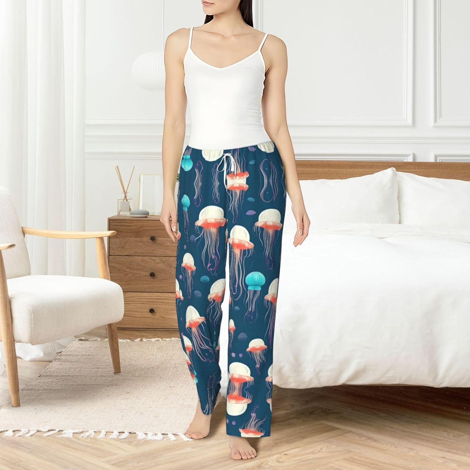 Jellyfish Pattern Print Cozy Flannel Pajama Pants For Women,Warm Christmas Pj Pants,Cute Fleece Pajamas