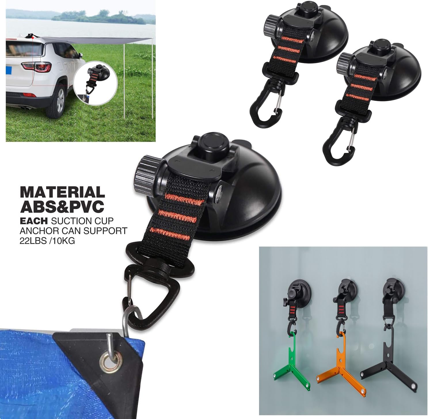 2 Pack Suction Cup Hooks Anchor Heavy Duty Camping Tie Down Hook Buckle for RV Car Tent Awning Tarp Canopy Mount to Glass Roof Door Window Outdoor Camper