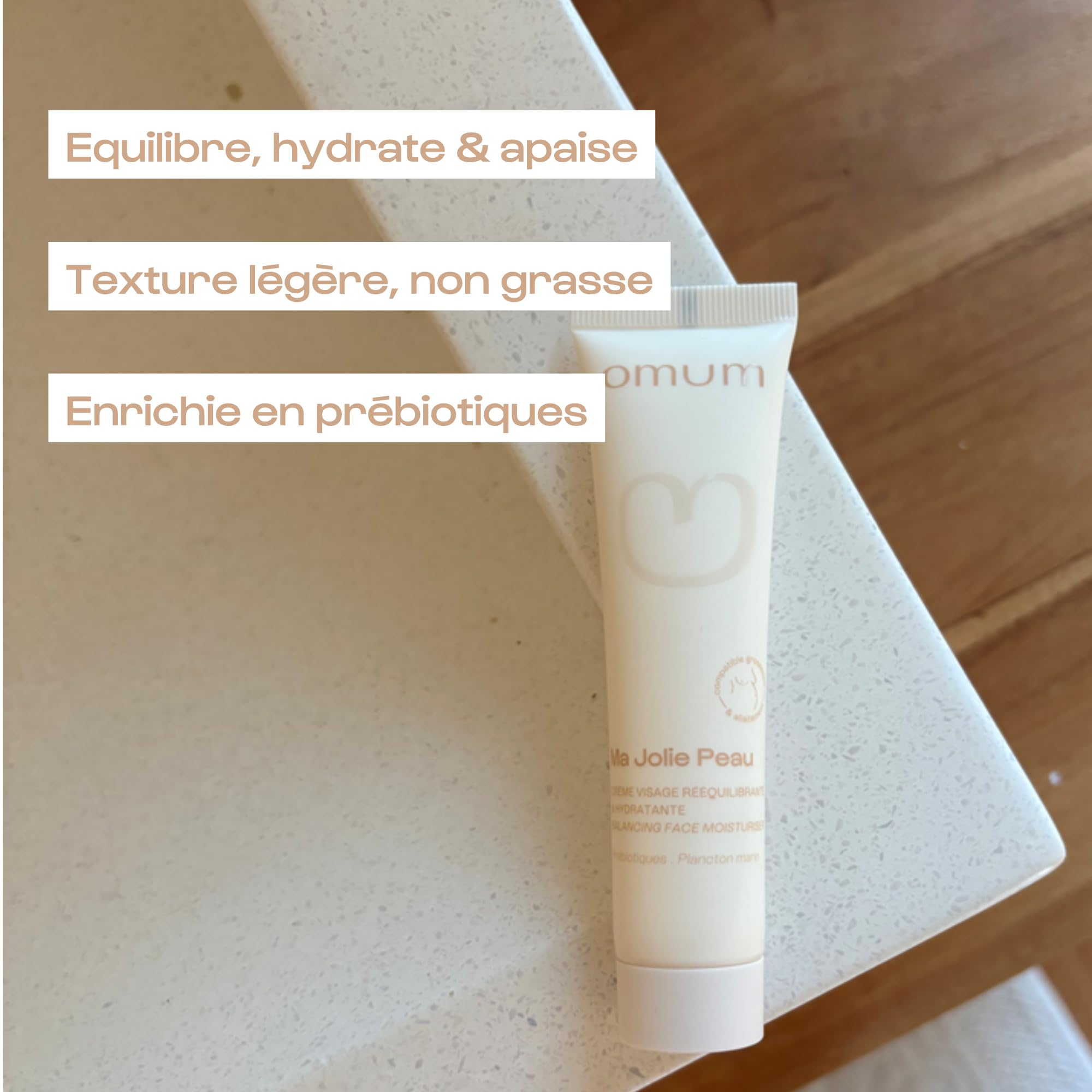 OMUM - Ma Jolie Peau - Crème visage rééquilibrante & hydratante aux prébiotiques naturels - Peaux mixtes et peaux fragilisées - Anti rougeur et anti bouton - Compatible grossesse - Vegan - 40 ml