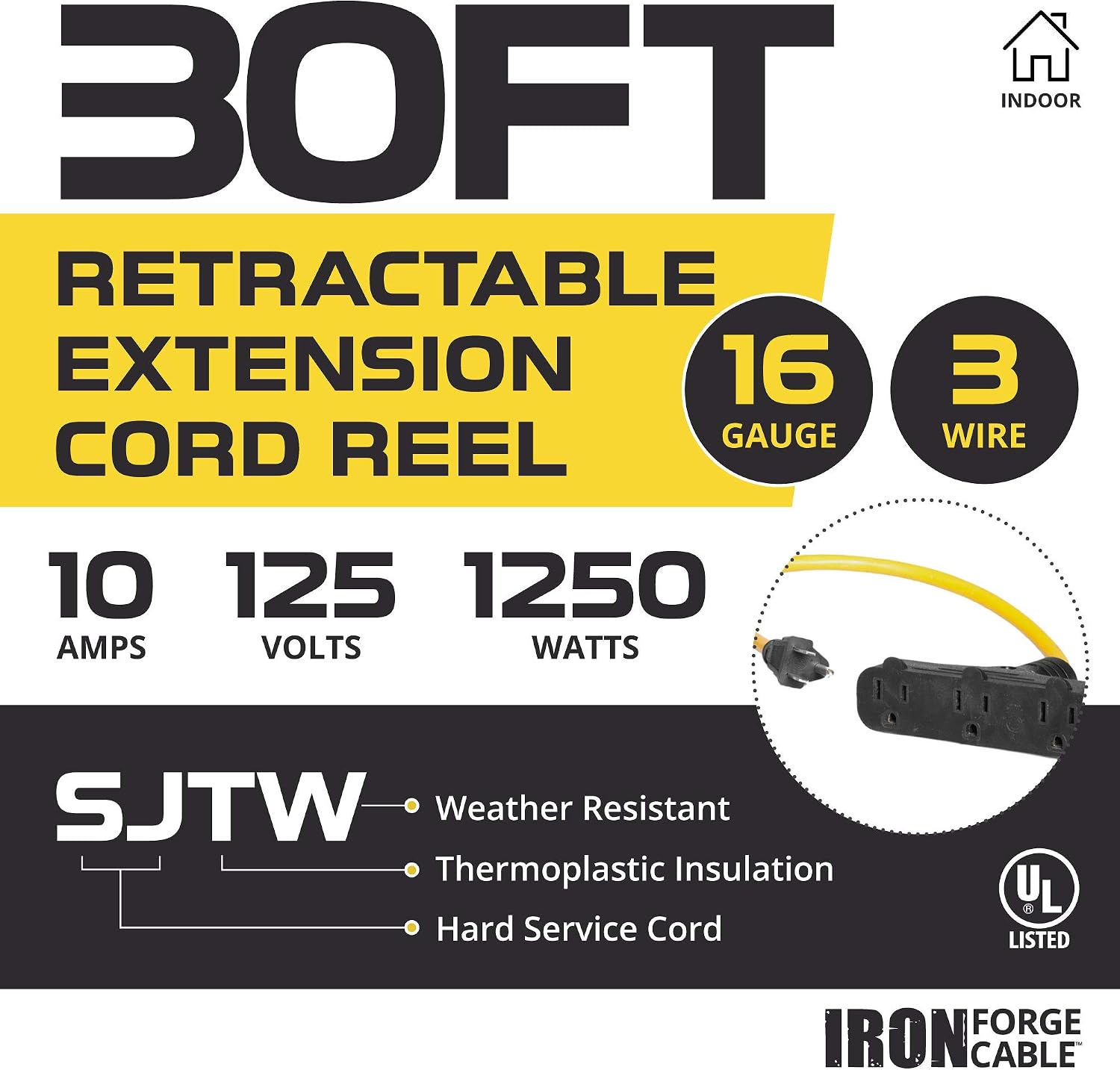 30Ft Retractable Extension Cord Reel with Breaker Switch & 3 Electrical Power Outlets - 16/3 SJTW Durable Yellow Cable - Perfect for Hanging from Your Garage Ceiling