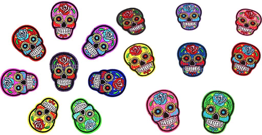 Sharplace 16 Pieces/Lot Sugar Skull Patch DIY Embroidered Patches Fabric Badges Sew On Applique fit Dress Apparel Handbags Shoes