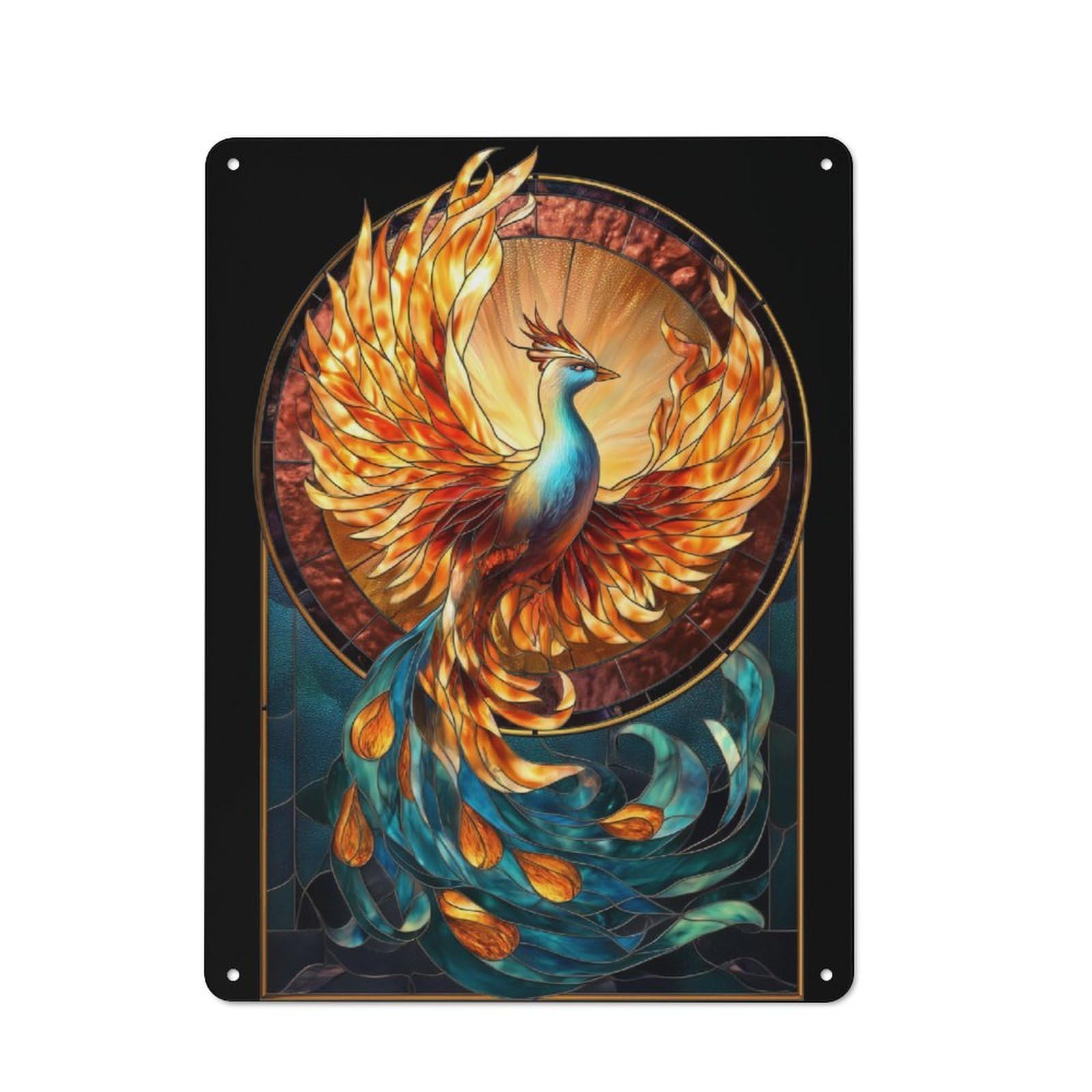 Junmoney Phoenix Stained Glass Art 40X30cm Retro Metal Sign With For Man Cave Or Games Room, Tin Sign Wall Decor For Games Rooms And Man Caves