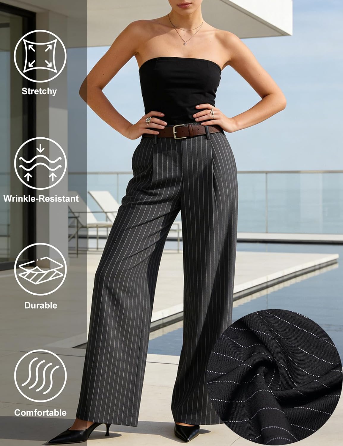 Women's Striped Pants Wide Leg High Waist Casual Trousers Loose Long Dress Pants with Pockets