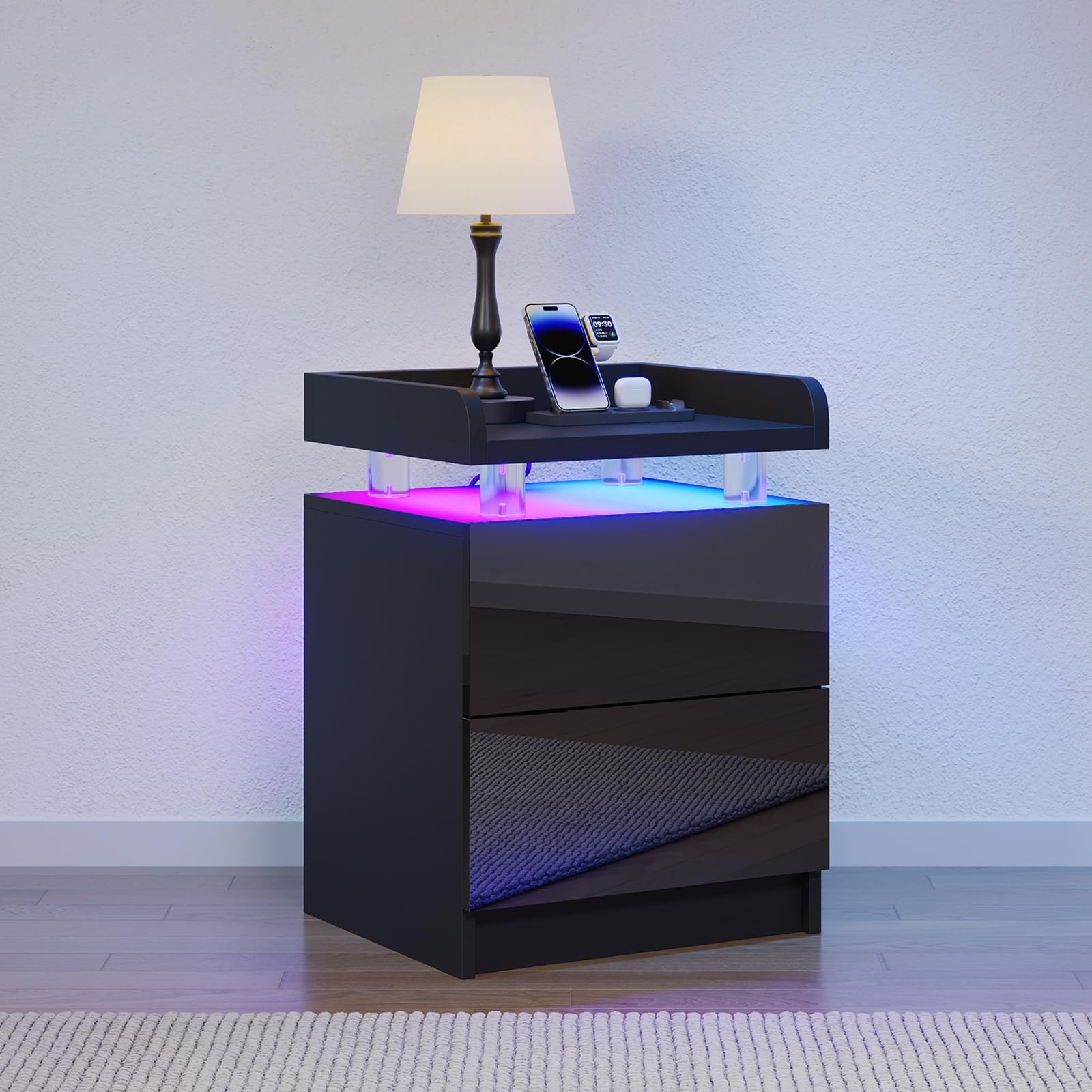 Nordivale Beside Table with RGB LED Lights, Bedside Cabinet with Charging Station and 2 Drawers, Side Table with USB Ports & Power Outlet, Bed Side Table for Bedroom, Living Room, Black, 1 Pack