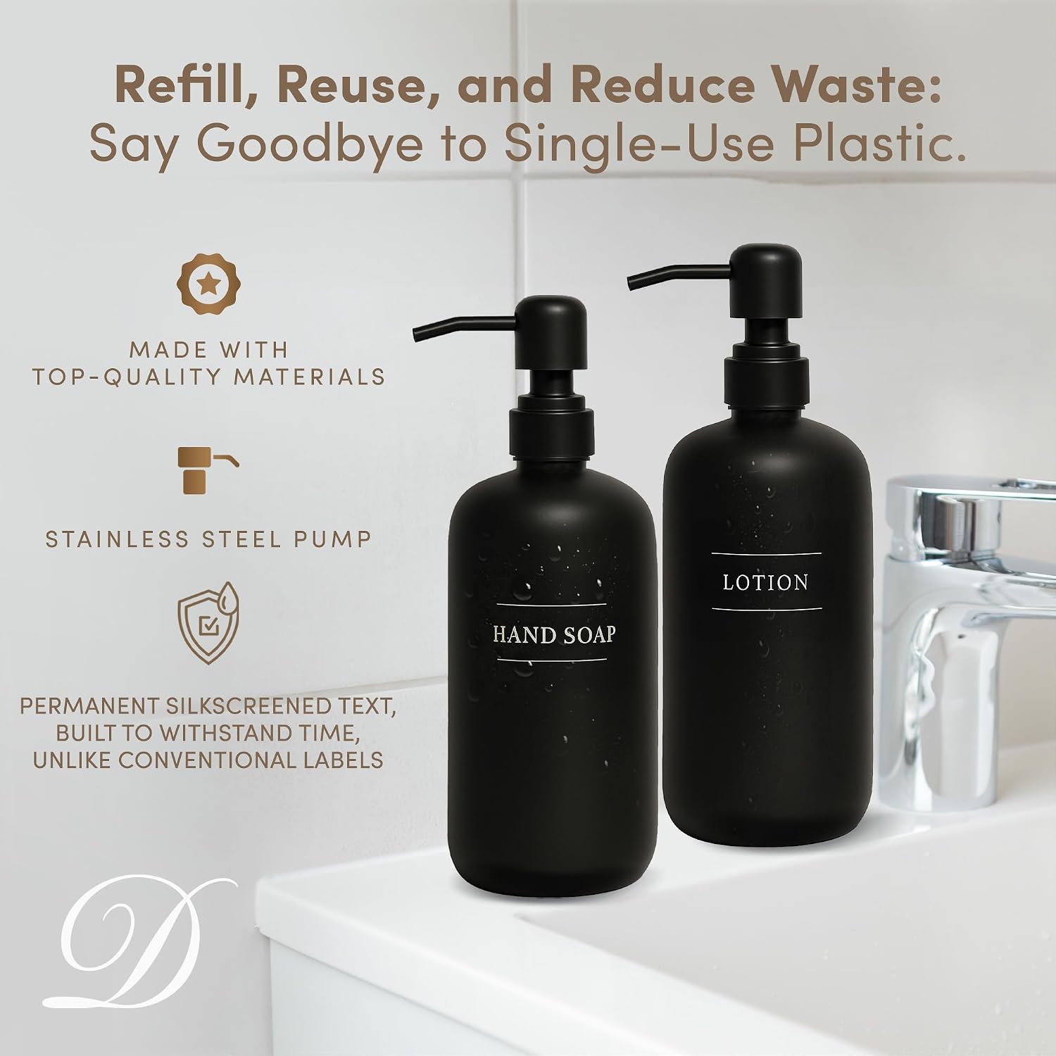 Soap Dispenser with Waterproof Label | Hand Soap Dispenser for Bathroom | Refillable Soap Dispenser | Bathroom Soap and Lotion Dispenser Set | Black Plastic Pump Bottles, 2 Pack, 16oz Each