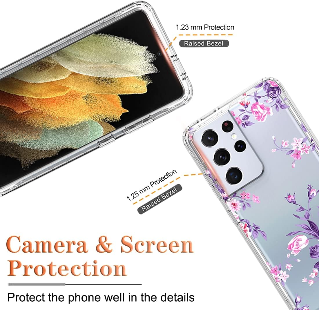 Case for Galaxy S21 Ultra Case, SM-G998U with Tempered Glass Screen Protector, Floral Design Shockproof Bumper Full Body Protective Cell Phone Cover for Samsung Galaxy S21 Ultra 5G (Rose) - Image 2