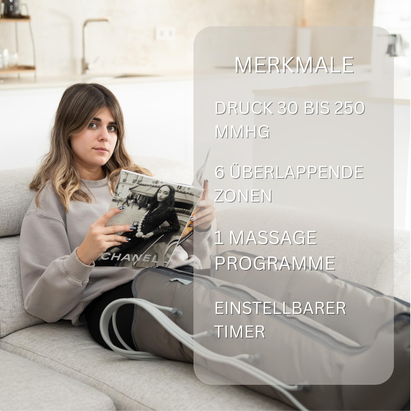 Lymphdrainage Beinmassagegerät mit Luftdruck – Pressotherapie für Zuhause, 30–250 mmHg, 6 überlappende Zonen, Kompressionsmassage für müde Beine (Steuereinheit & Beinmanschetten)