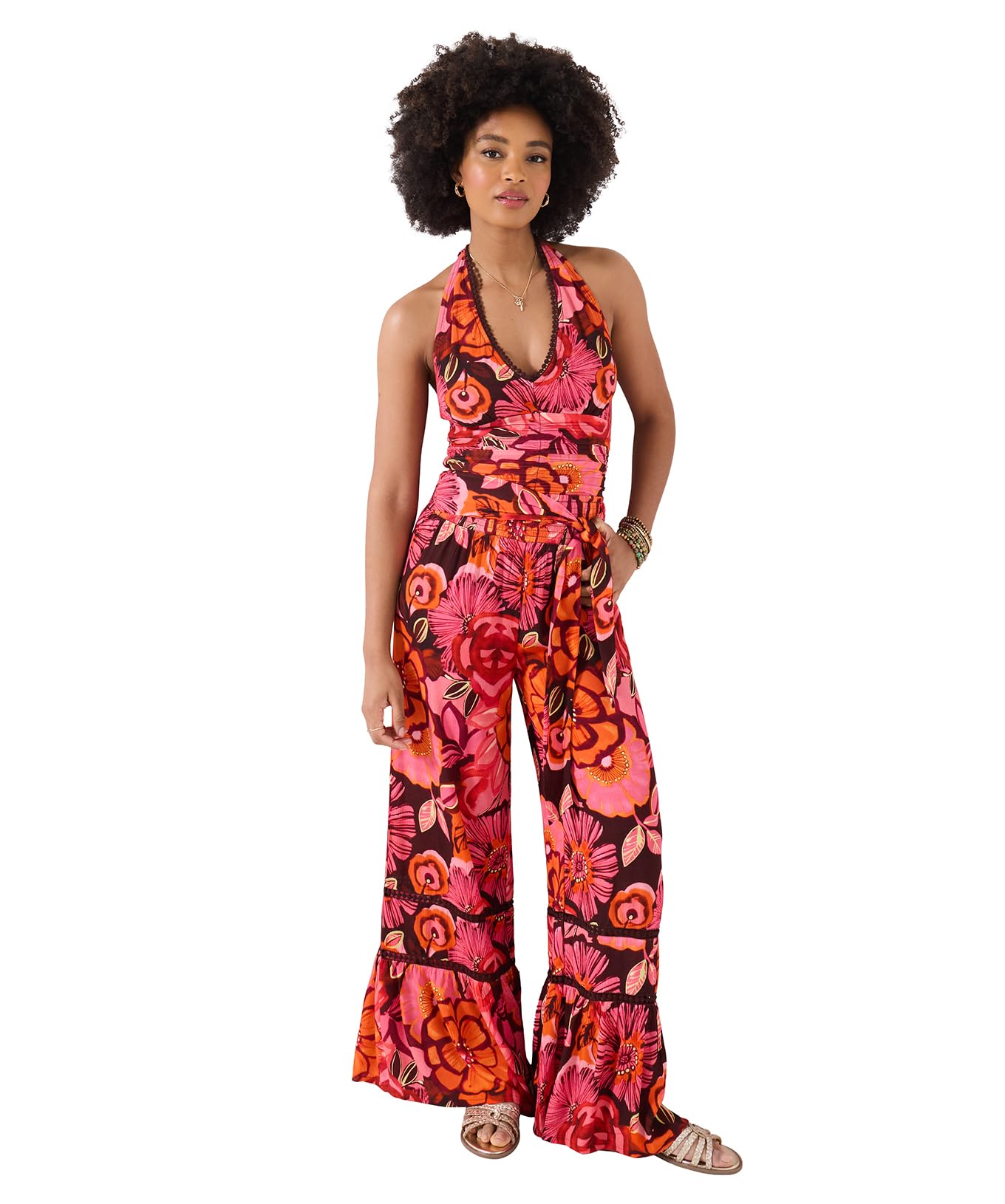 Fabulous Floral Wide Leg Trousers Size 10 Pink   Women's