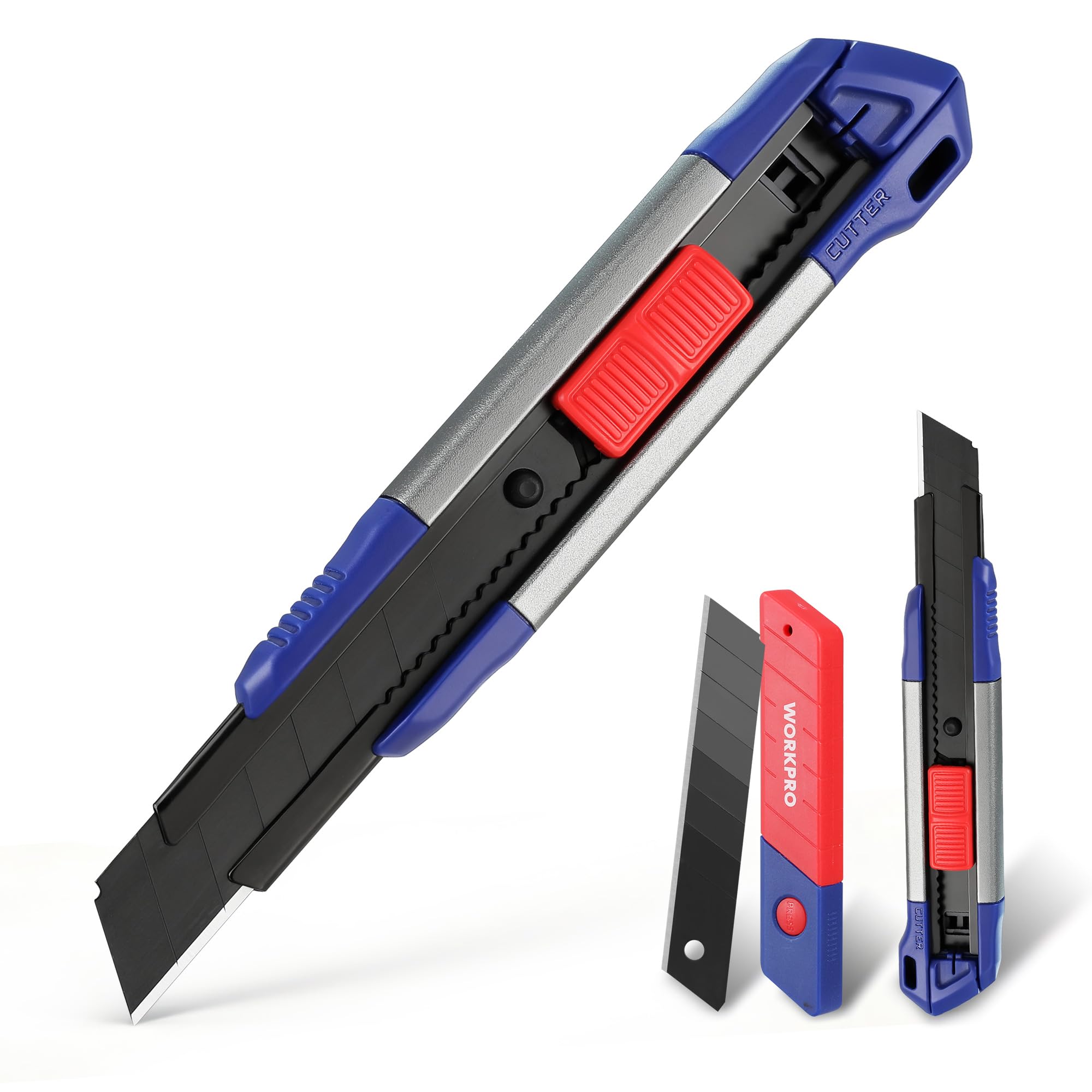 WORKPRO Utility Knife Set, 2-Pack 18 mm Aluminum Box Cutters with Black-Coated SK5 Snap-Off Blades, Includes 10 Replacement Blades