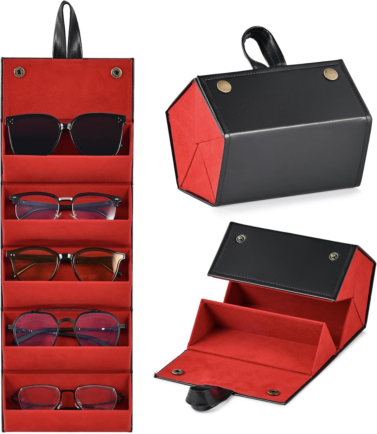 CO-Z 5-Slot Sunglasses Organizer, Folding Glasses Jewelry Storage Case with Mirror, Travel Sunglasses Case for Women & Men