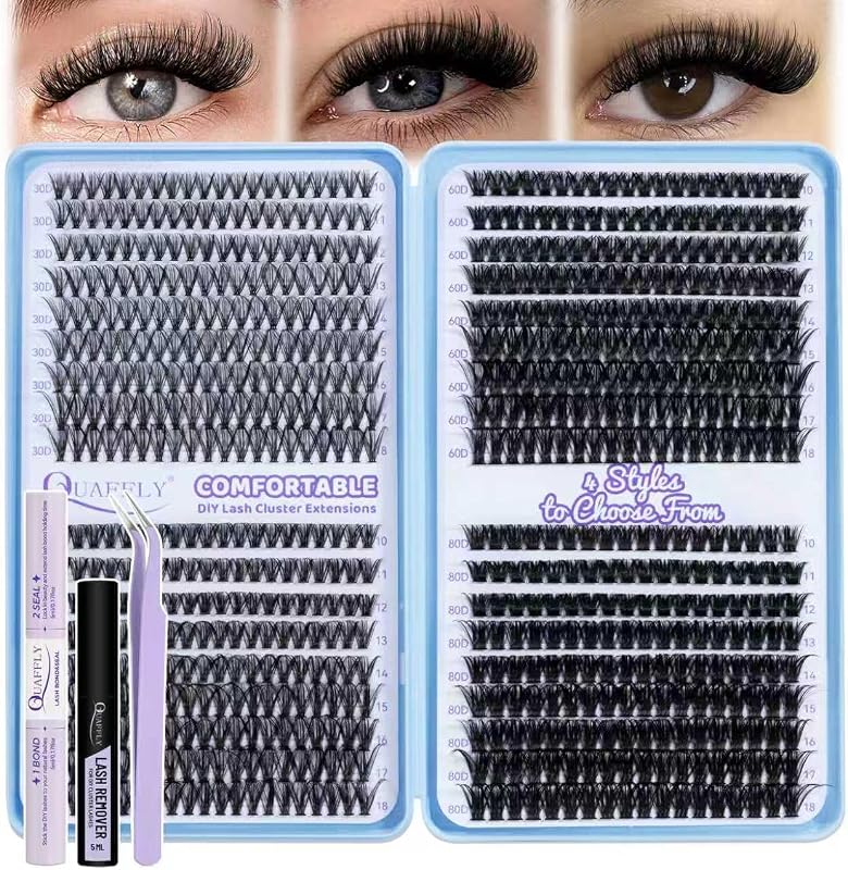 Kit de Cílios Postiços em Tufos QUAFFLY D Curl 30D, 40D, 60D e 80D com 702 unidades, Bond & Seal, Removedor e Pinça Curvada, 10–18 mm