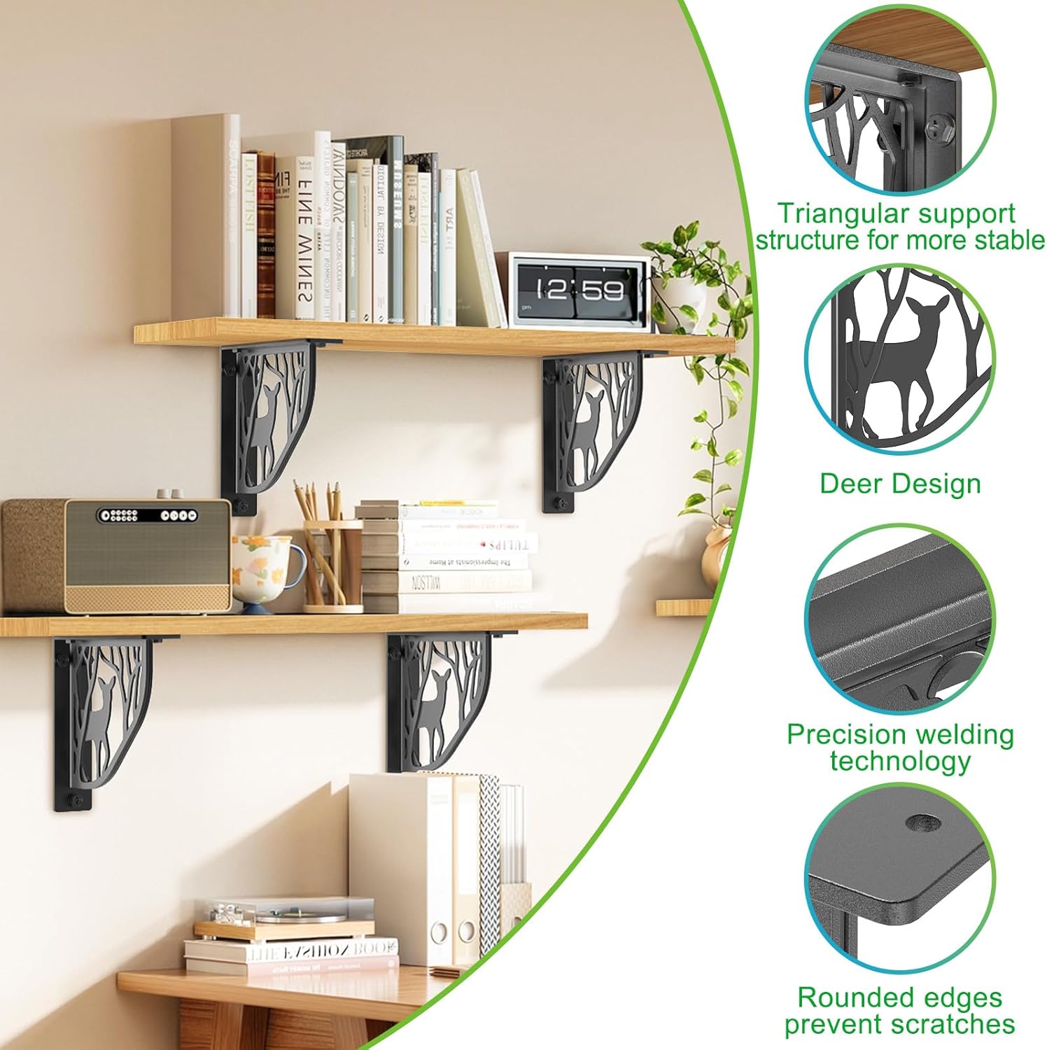 Dolibest Rustic Wall & Ceiling Storage Bundle – 4 Pcs Plant Hooks (Bronze Turtle Leaf) + 2 Pcs Deer-Shaped Shelf Brackets (Black) | Heavy Duty 500LB L-Bracket & Decorative Ceiling Hooks for Hanging Pl