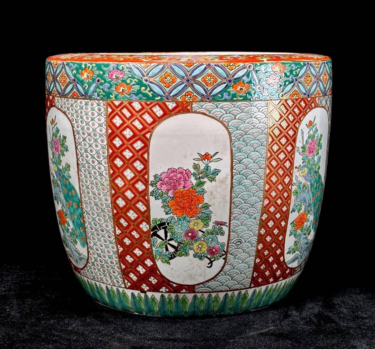 火鉢　赤絵火鉢　手火鉢　有田焼　伊万里焼　メダカ鉢　鉢カバー　竹雀　花鳥　古美術 伊万里焼 十錦手火鉢 有田焼 色絵火鉢 メダカ鉢 赤絵火鉢 古伊万里