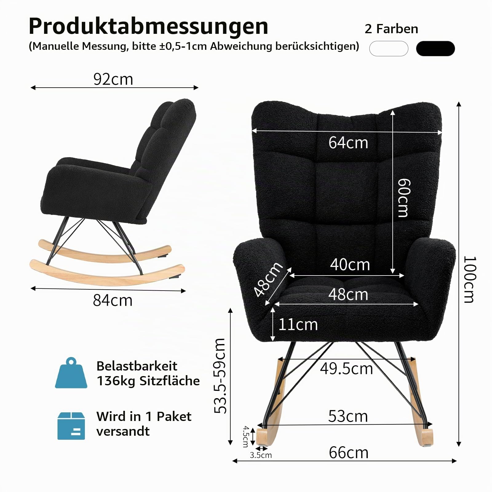 Clevich Schaukelstuhl Wohnzimmer, Schaukelsessel mit Teddystoff Gepolsterter, Holzkufen und Metallbeinen, für Wohnzimmer, Kinderzimmer, Schlafzimmer, Bis 136 kg Belastbar, Schwarz