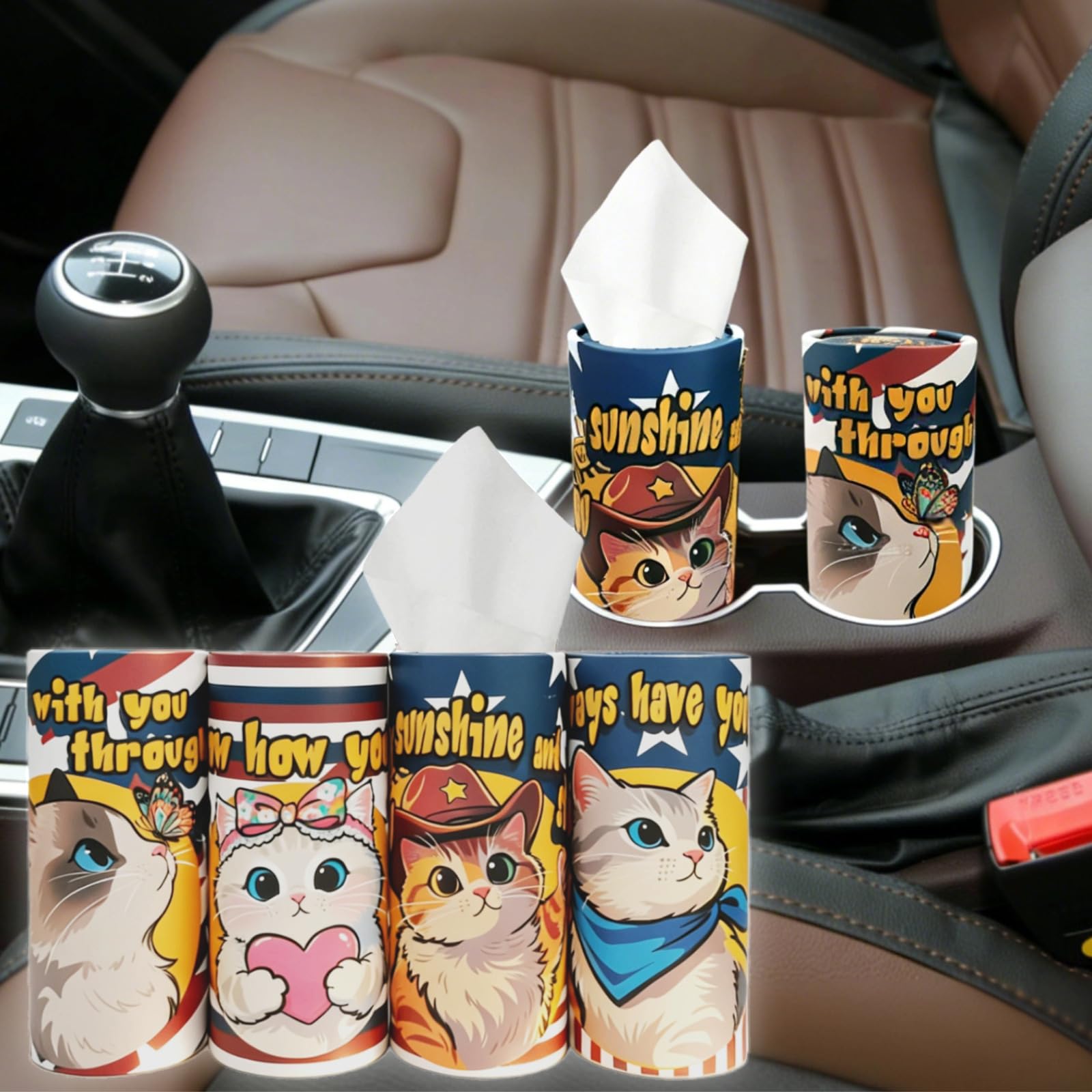 Car Tissues Cylinder with Facial Tissues Cats Theme Round Tissue Holder for Car Cup Holder Office Home 4