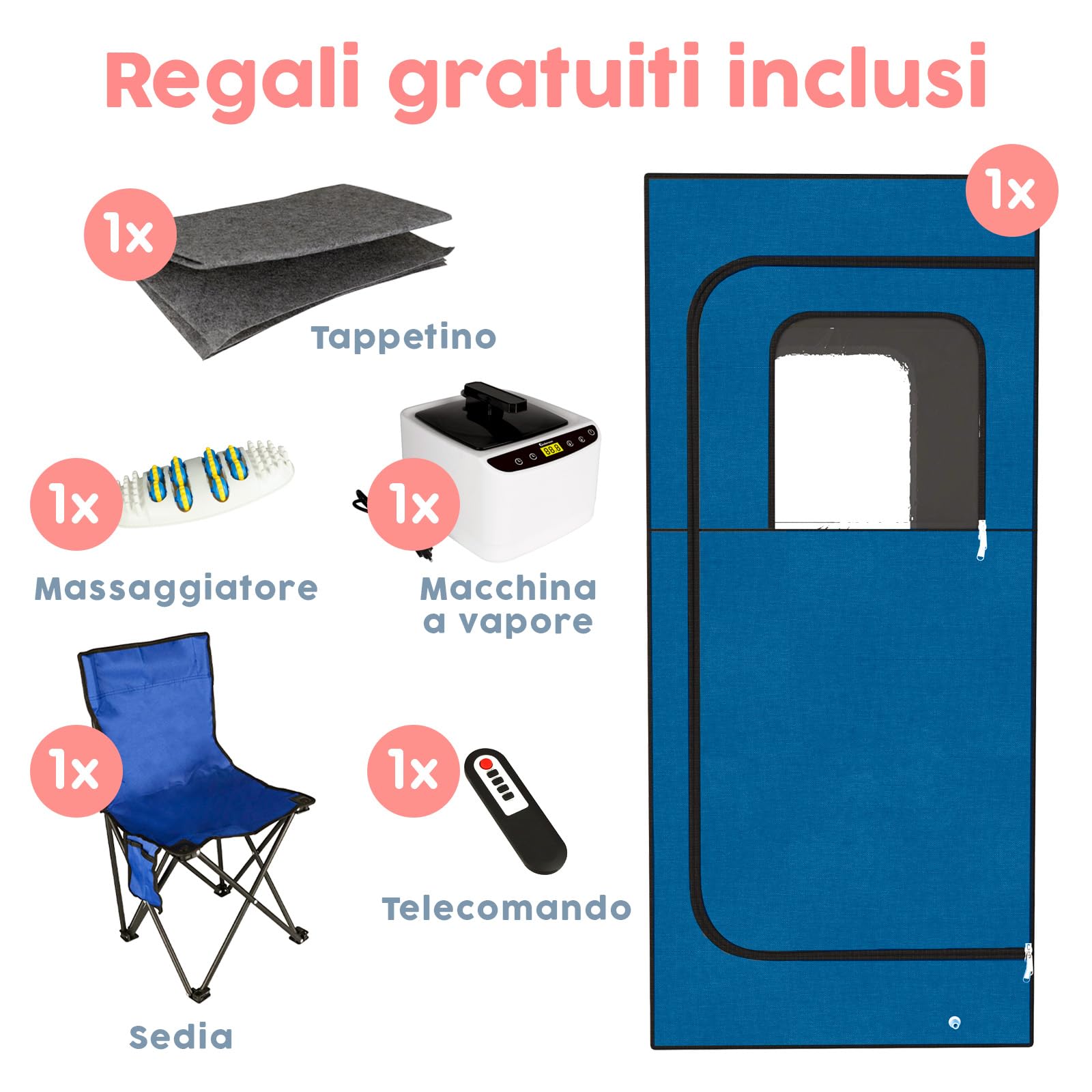 Adamson Sauna Portatile a Vapore 1000W 2.6L Vasca Sauna da Casa Sedia Telecomando Massaggiatore Pedale Tappettino Antiscivolo Blu