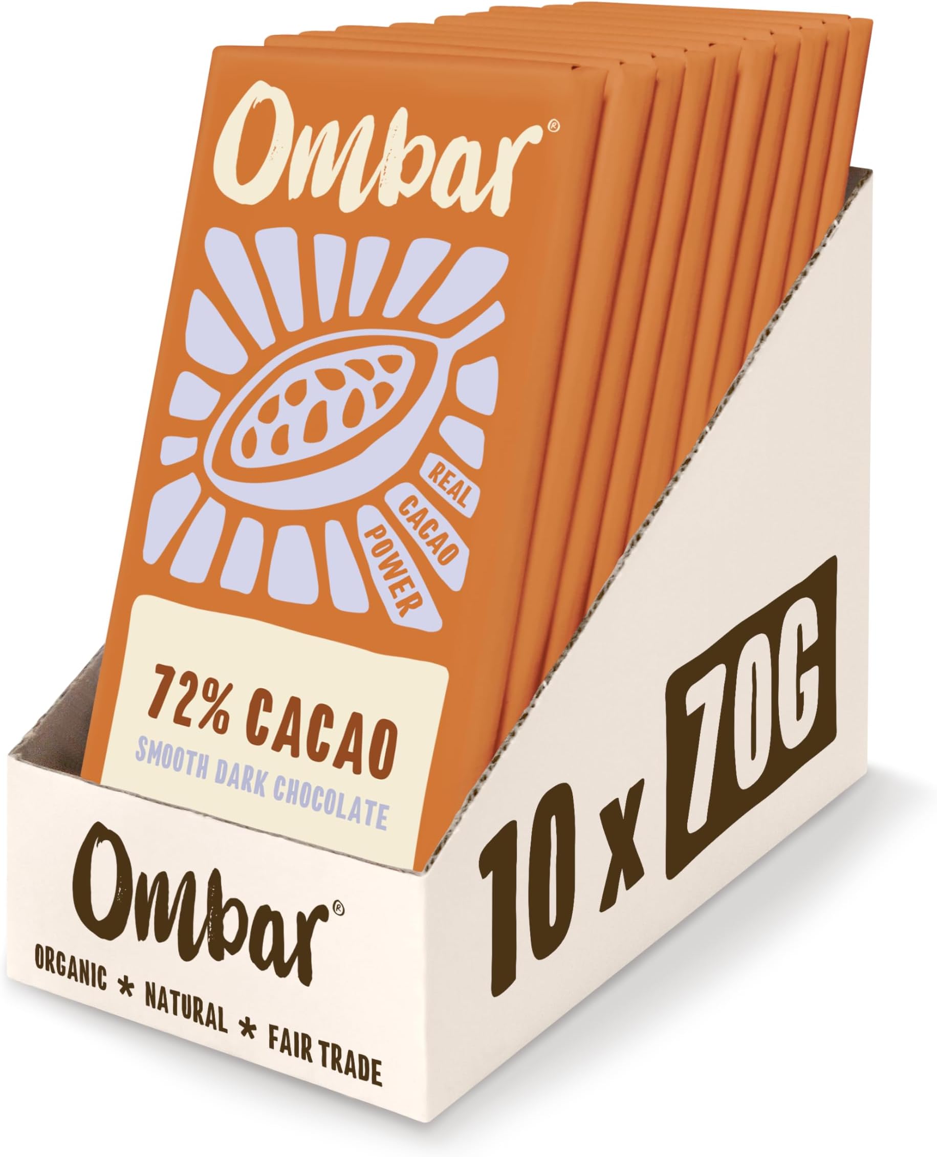 Vegan Chocolate - Ombar 72% Cacao Dark Chocolate (70g x 10 Bars) Organic, Fair Trade, Dairy Free and Gluten Free Chocolate
