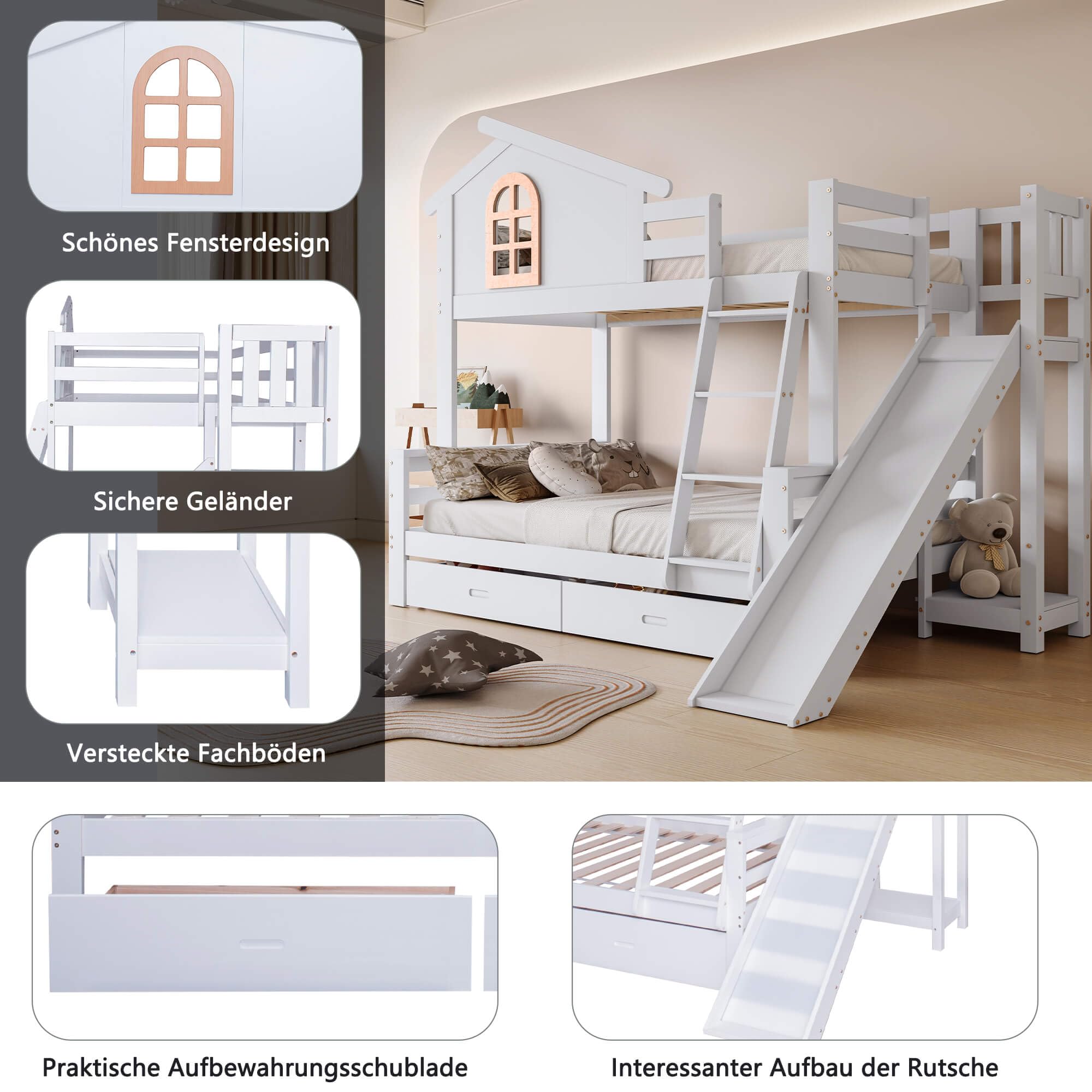 Letto A Castello 90x200 E 120x200 Cm Con Scivolo E 2 Cassetti – In Legno Di Pino, Con Sponde Di Protezione E Scala, Per Cameretta