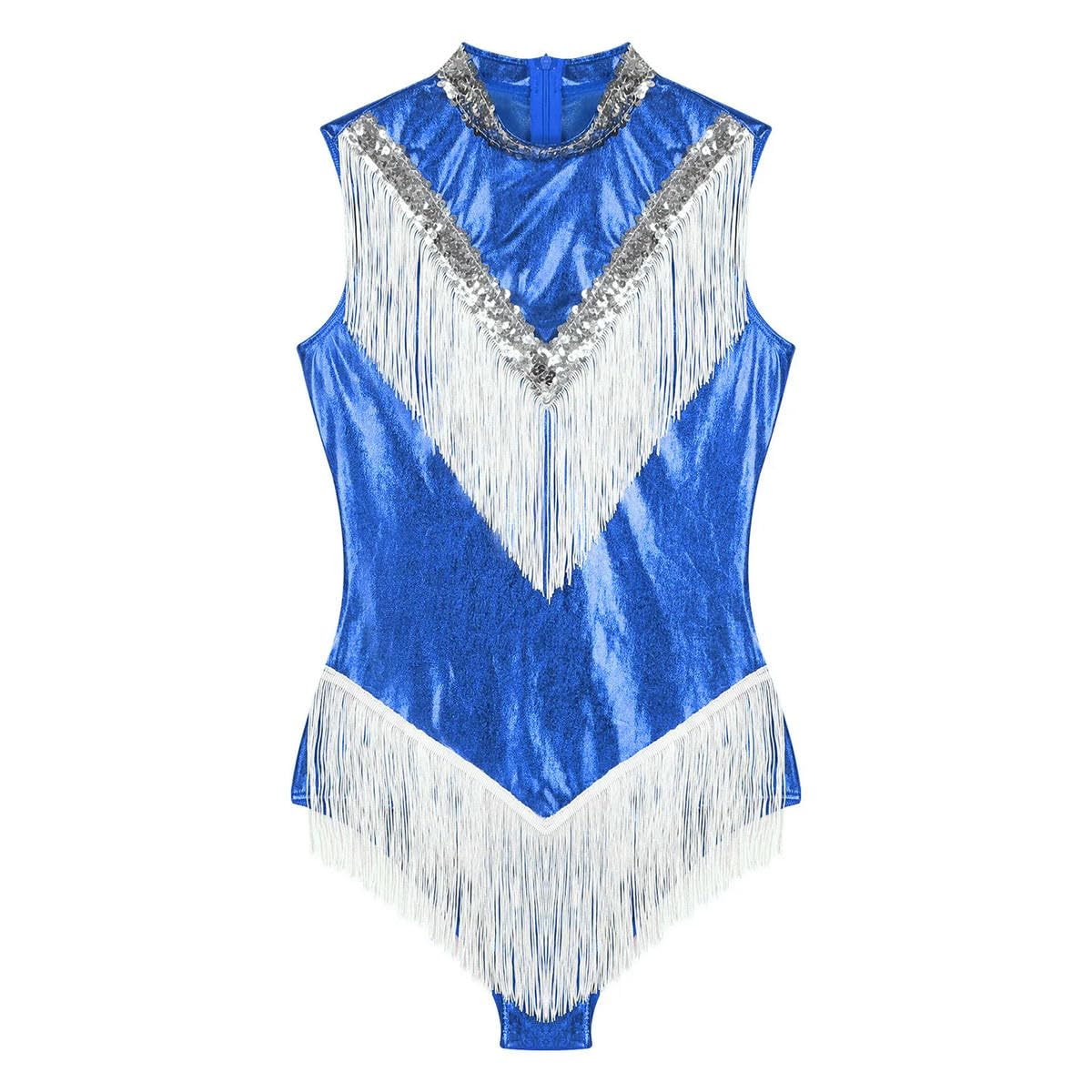 Body con frange altalene senza maniche body per le donne paillettes nappa body latino tango cha-cha danza costume performance, Argento, M