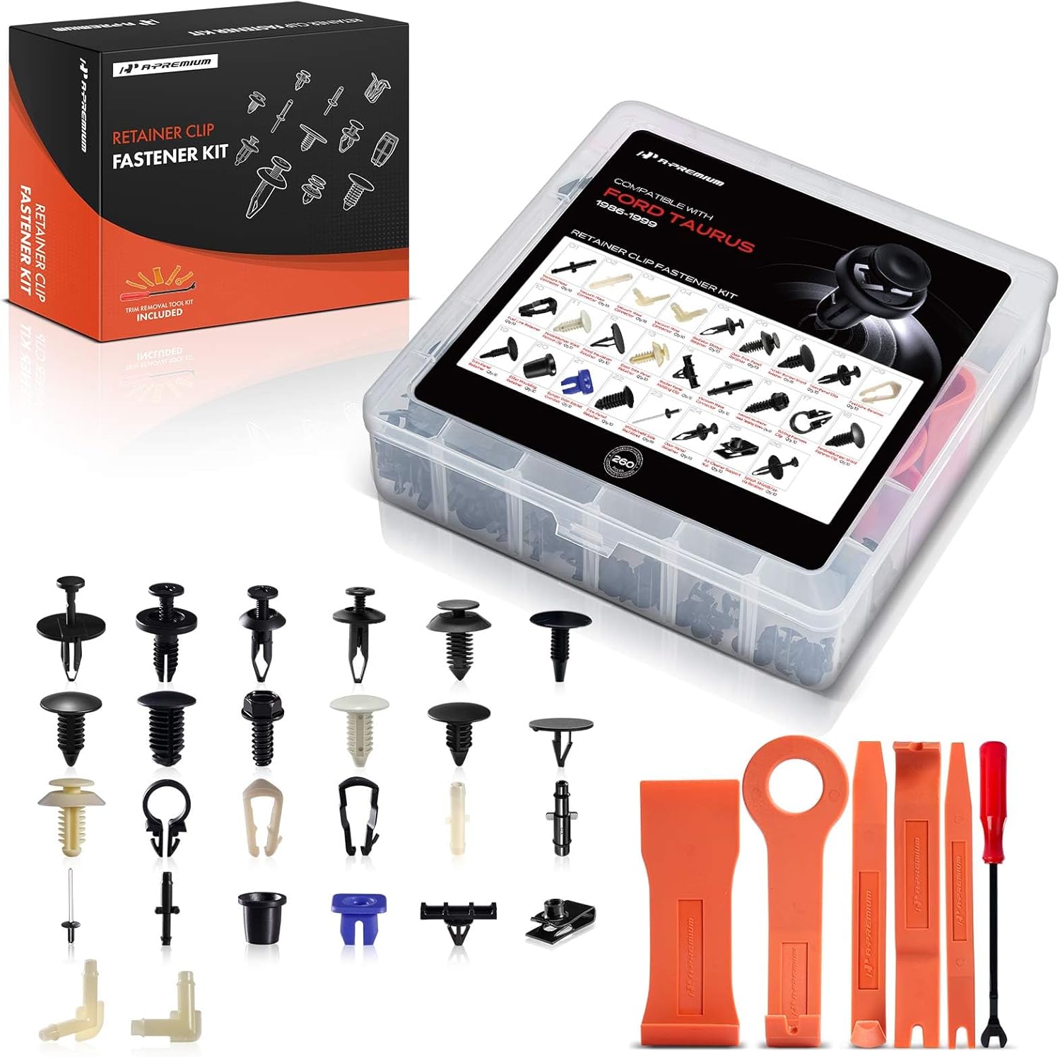 A-Premium 26 Sizes 47.2oz Bumper Fender Door Trim Retainer Clips Kit Compatible with Ford Taurus 1986-1999 Fender Liner Mud Shield 260PCS Plastic Rivets Fasteners Push Retainer Kit, w/Removal Tool