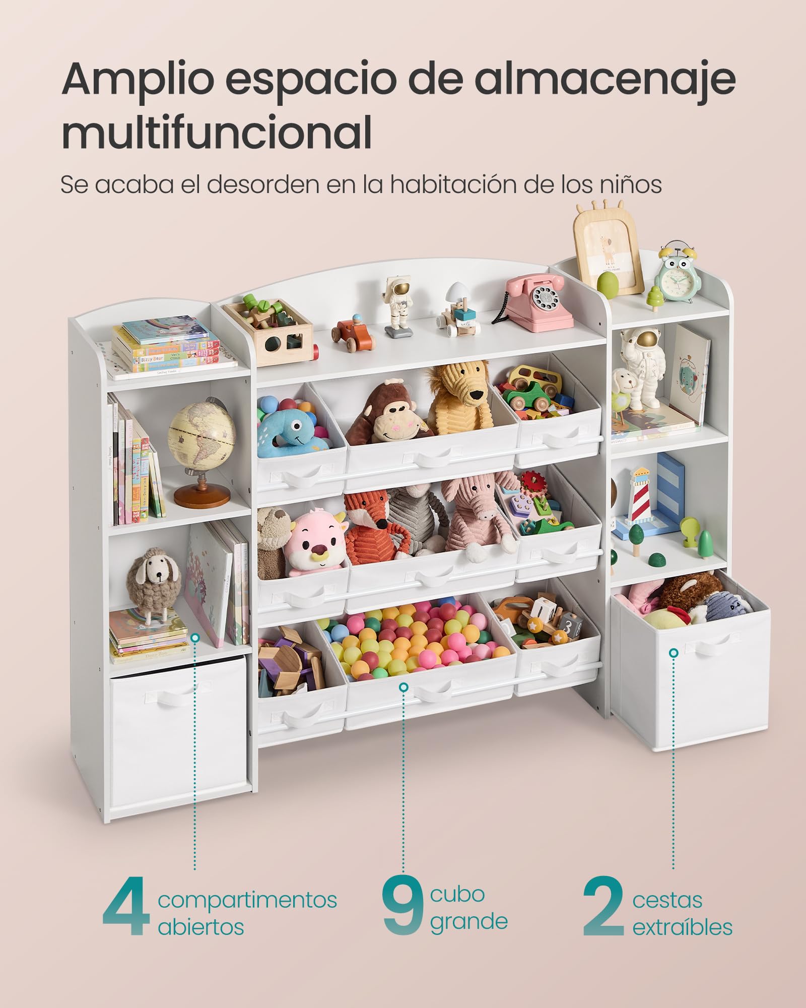 SONGMICS Estantería para Juguetes Infantiles, Estilo Montessori, 4 Compartimentos Abiertos, 9 Cestas, 2 Cajones, para Habitación Infantil, 30 x 143,8 x 104 cm, Blanco Nube GKR062WB01