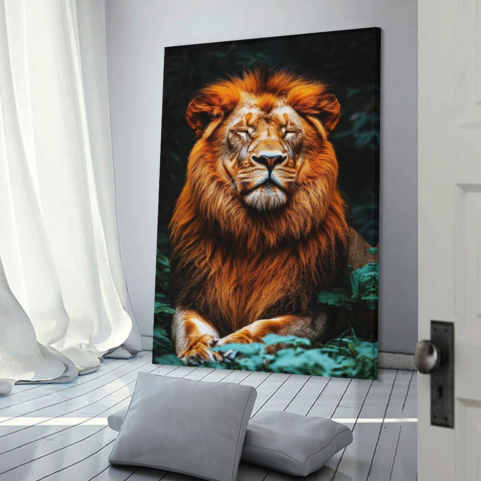 Junmoney Frame-Style-6-1 Canvas Wall Art Majestic Lion Portrait In Natural Setting, 16X24inch(40X60cm), For New Homes, Bedrooms Or Workspaces, Canvas Artwork With Gifting Potential