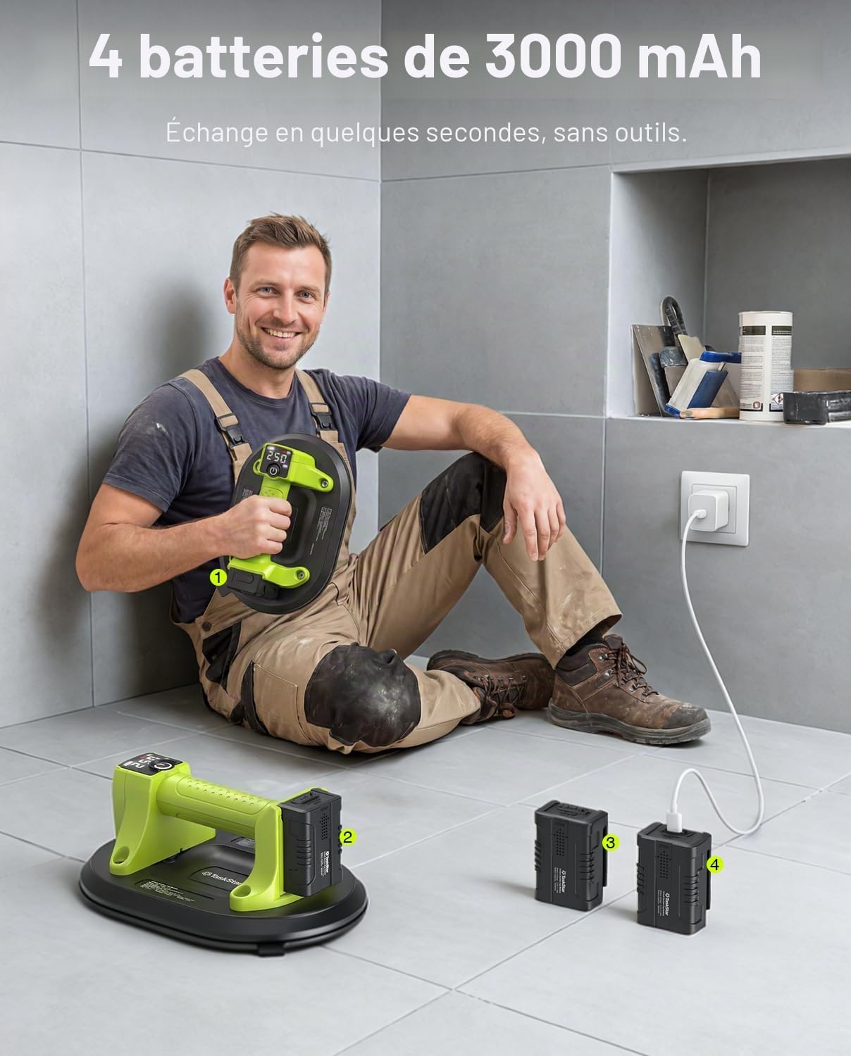 Taskstar Ventouse Carrelage Électrique: Ventouse Vitre sans Fil 25cm avec Capacité de Charge Verticale de 250 kg, Affichage LCD, 4X Batteries 3000mAh,Ventouse Pare Brise pour Verre, Carrelage, Granit