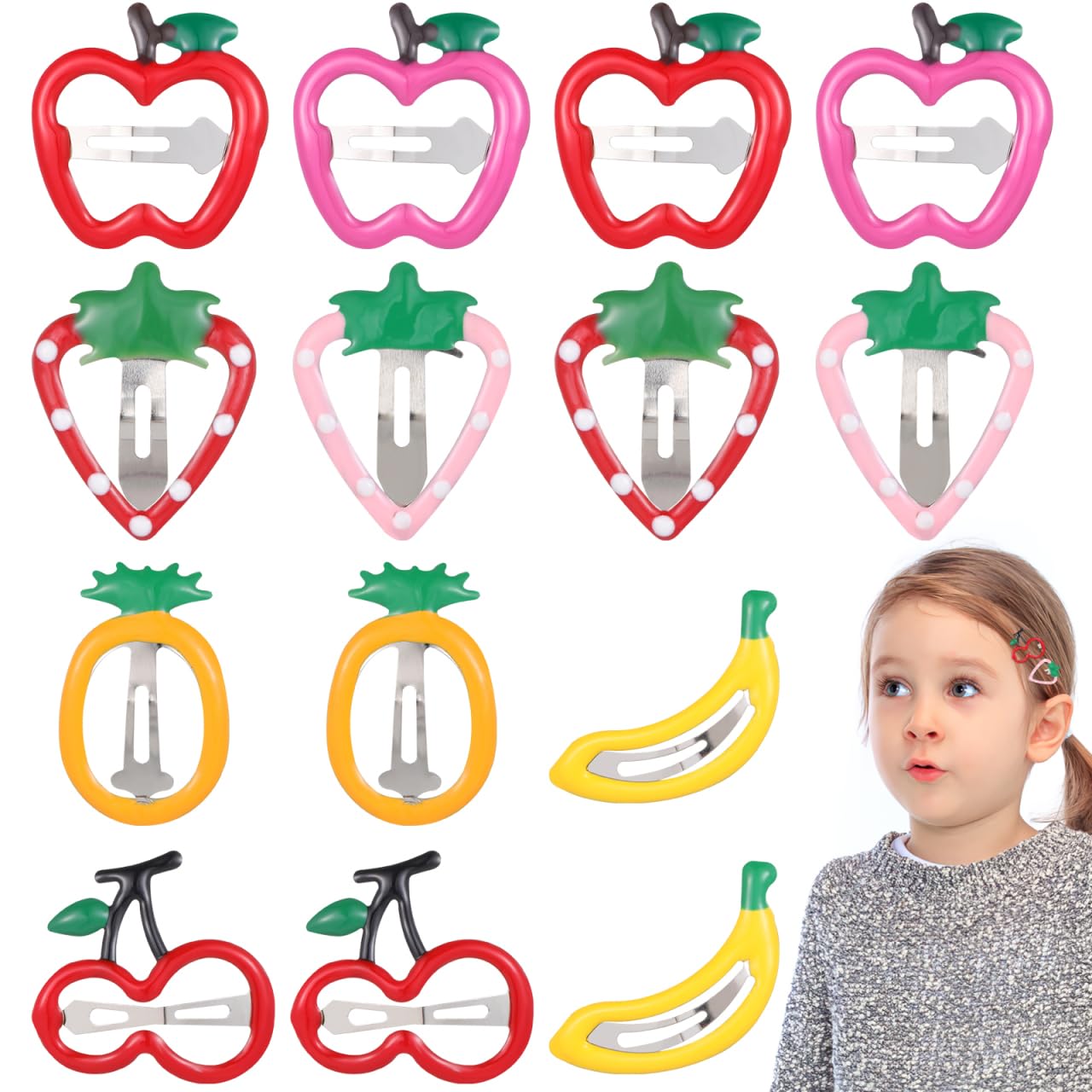 SHOWERORO 14 Pcs Kawaii Fruit Hair Clips for Girls Metal Snap Barrettes with Strawberry Banana Pineapple Designs 1.37 Inch Colorful Hair Accessories for Kids and Teens