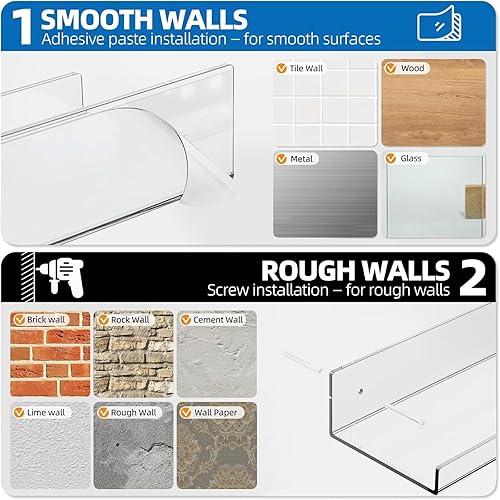 Miniatura 3 de Albumgit Paquete de 2 estantes acrílicos para almacenamiento en la pared, estante flotante transparente autoadhesivo de 15 pulgadas para figuras