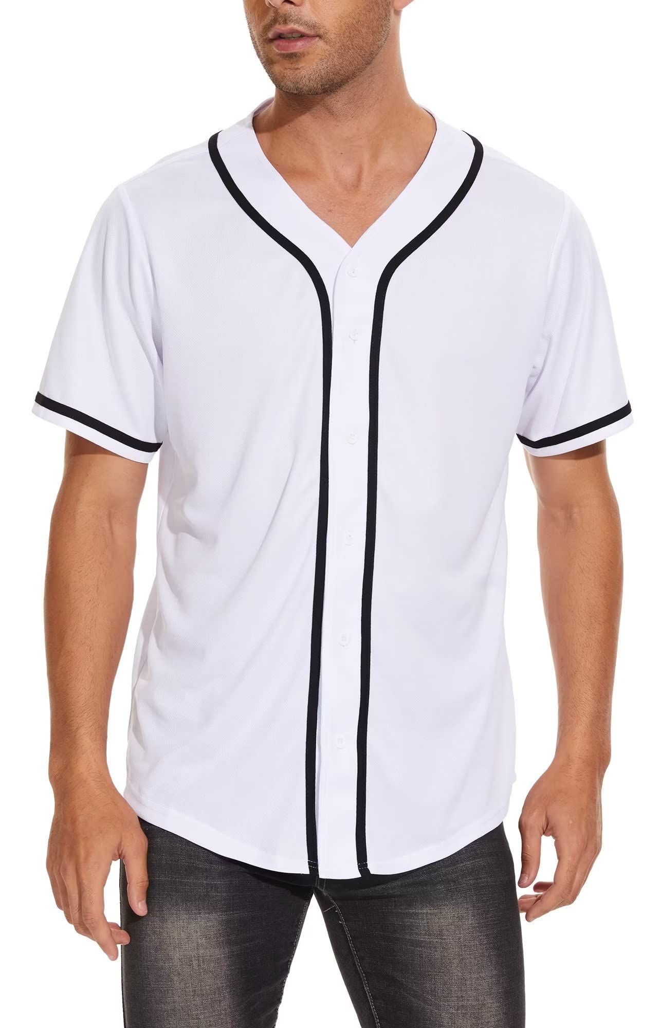 babyhealthyMens Baseball Jersey Button Down Plain Hip Hop Hipster Tshirts Softball Sports Active Tee, White 01, XX-Large