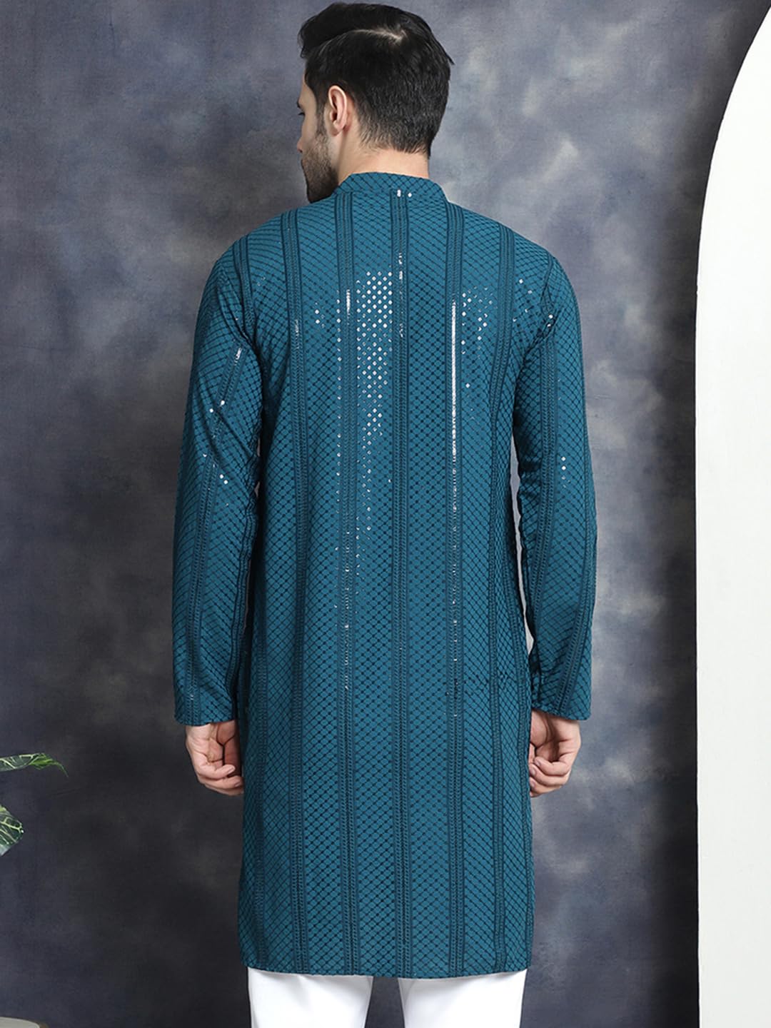 Jompers Men's Sequins Chikankari Embroidered Kurtas (Peacock, S)