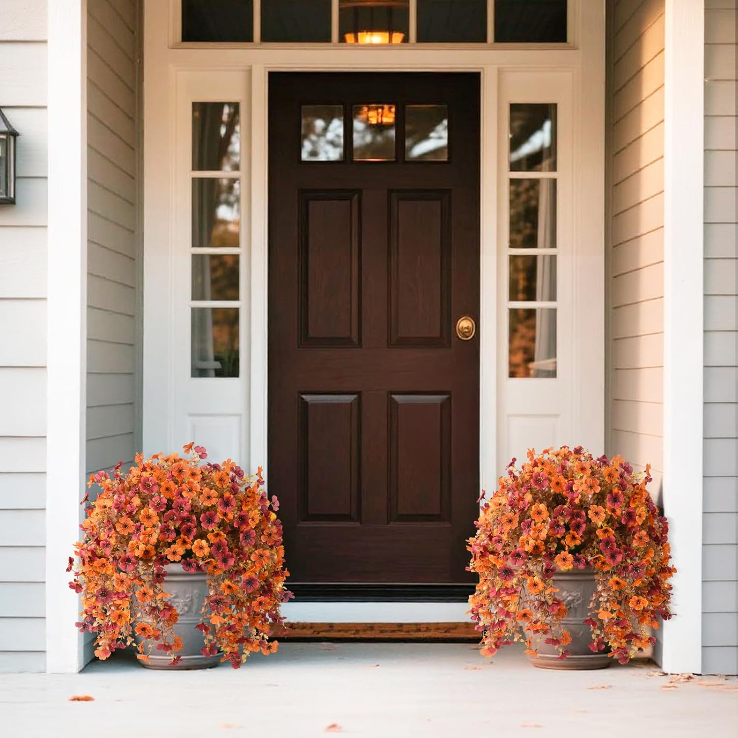 Artificial Faux Mums Fall Flowers for Outdoor Outside Decoration, 2 PCS Fake Silk Daisy Flower Plants Realistic UV Resistant for Home Porch Balcony Patio Autumn Decor (Orange Brown - Image 3