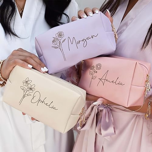 Miniatura 2 de DayOfShe Bolsa de maquillaje personalizada con nombre y flor de nacimiento, regalos de dama de honor, rellenos de calcetines para mujeres,