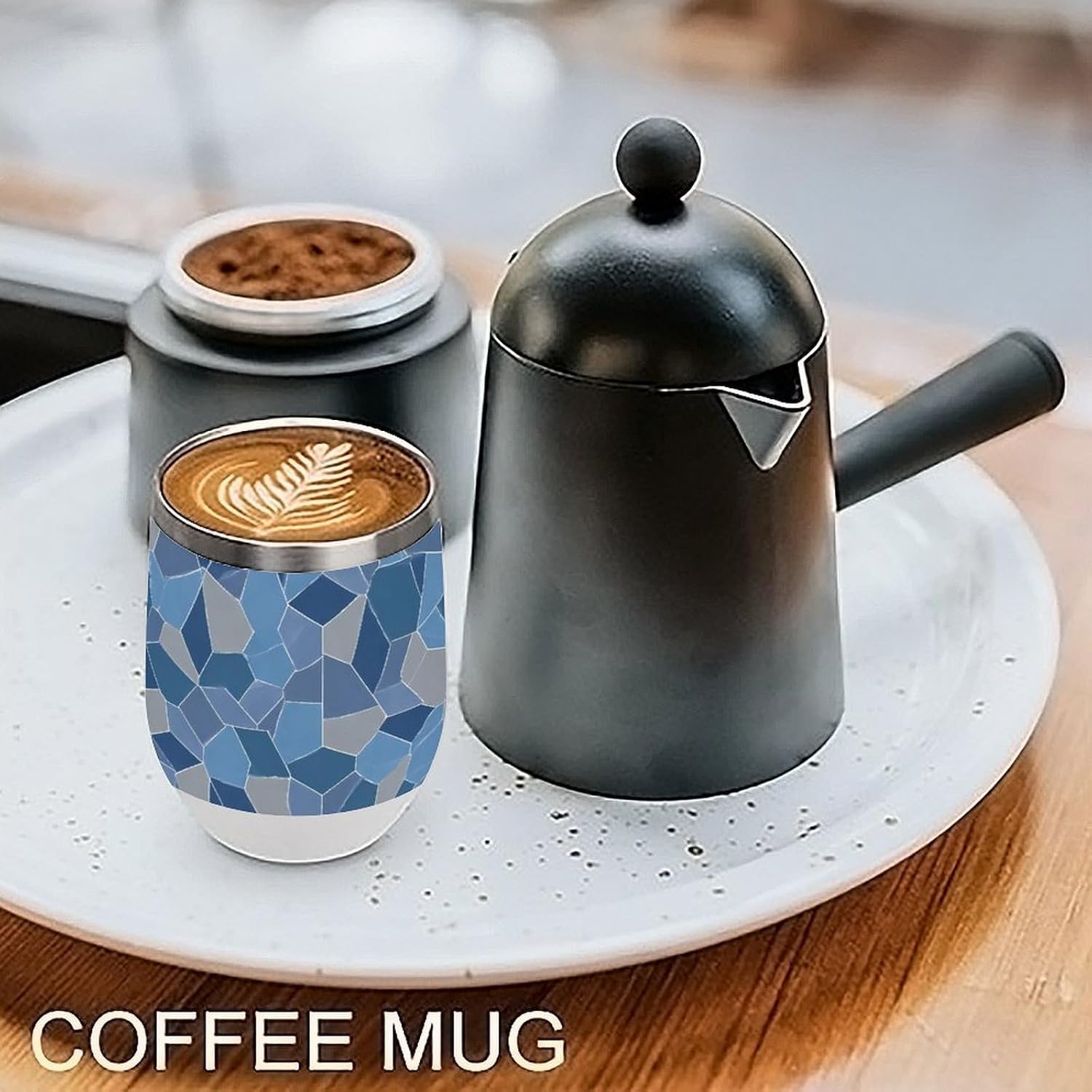 Blue Gray Mosaic Math Pattern Insulated Drinking Cup Stainless Steel Coffee Mug Wine Tumbler with Lid 12OZ